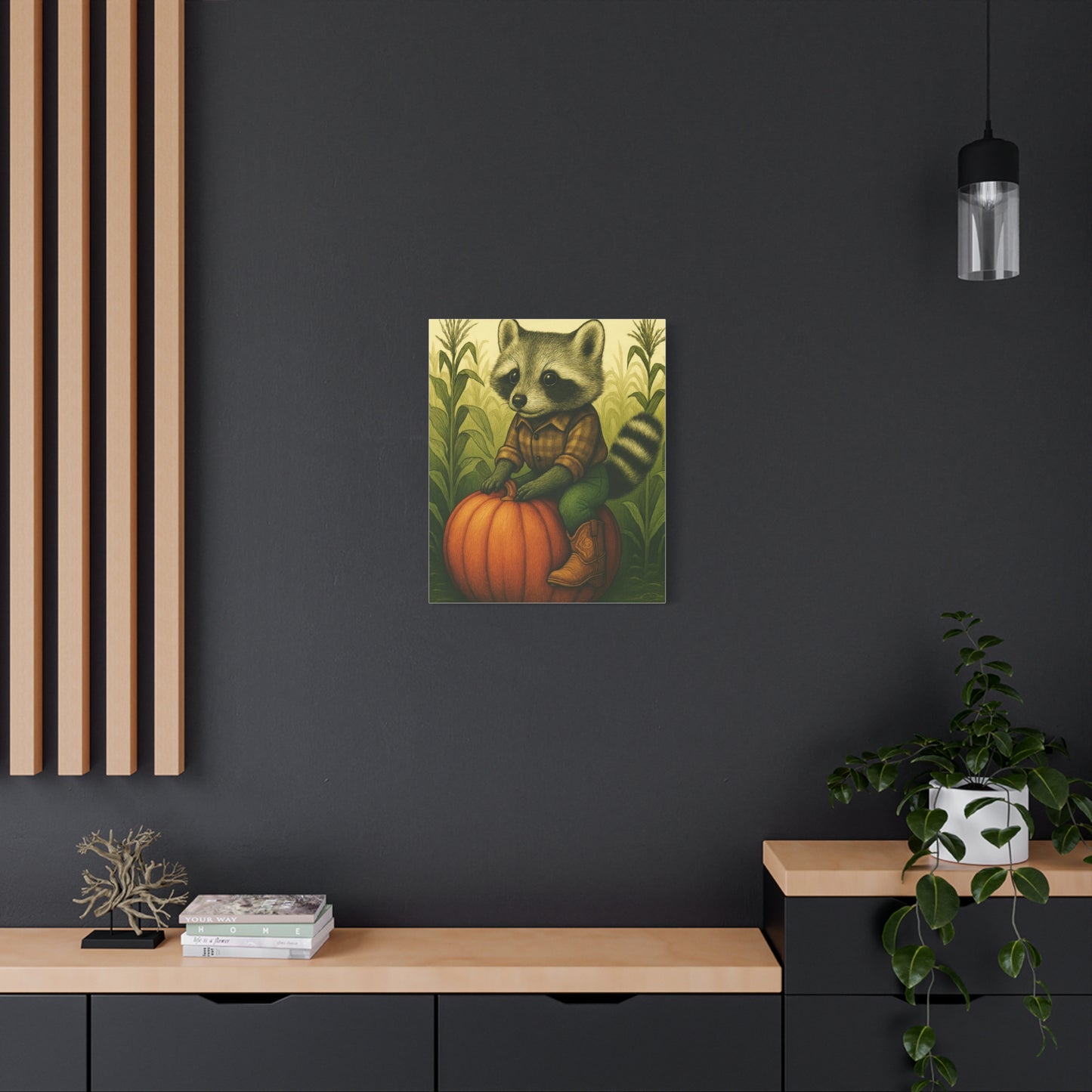 Matte Canvas Cowboy Harvest Raccoon on Pumpkin in Cornfield Green 8x10 - many sizes