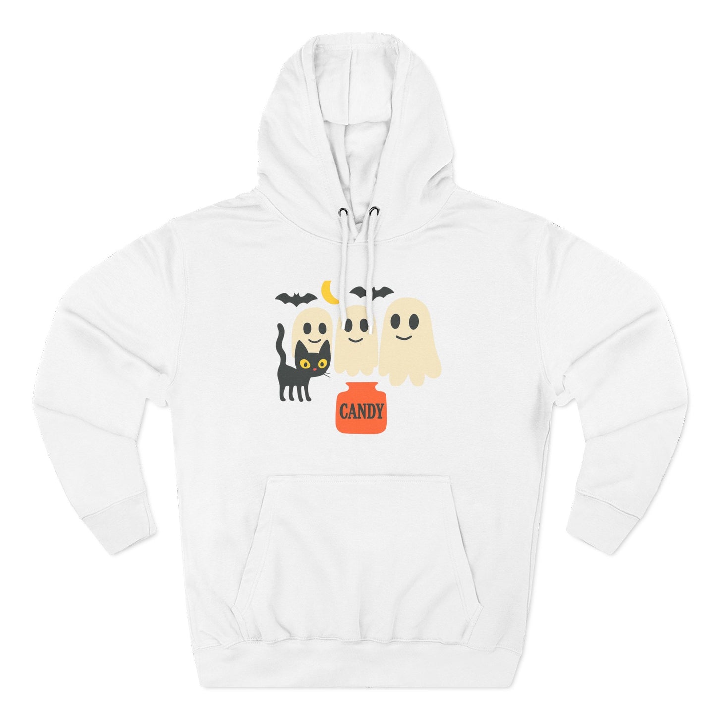 Halloween Three-Panel Fleece Hoodie, Ghost Black Cat Long Sleeve Unisex, Scary Bat Costume Sweatshirt, Trick or Treat Candy Bucket Jacket,