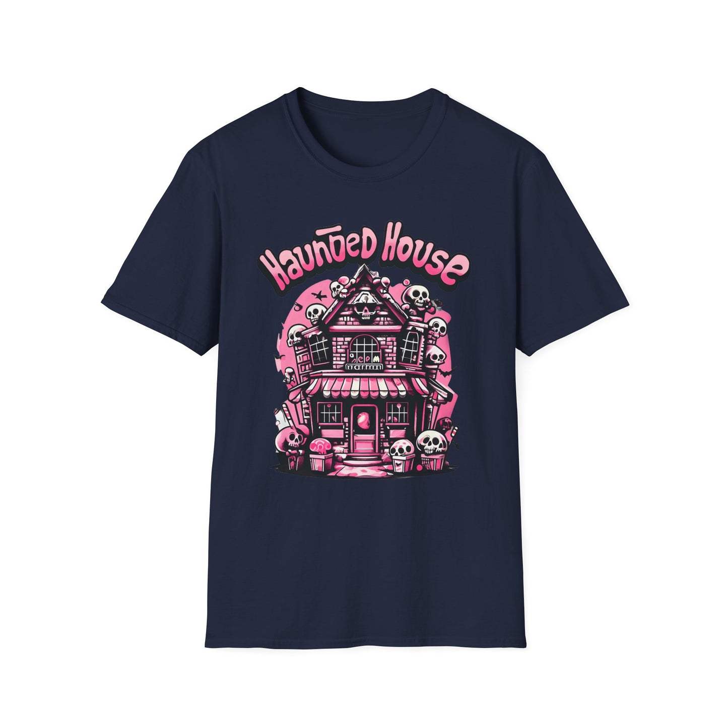 Haunted House Halloween T-Shirt Pink Spooky Gothic Unisex Softstyle T-Shirt Men Women Teen College Student Highschool