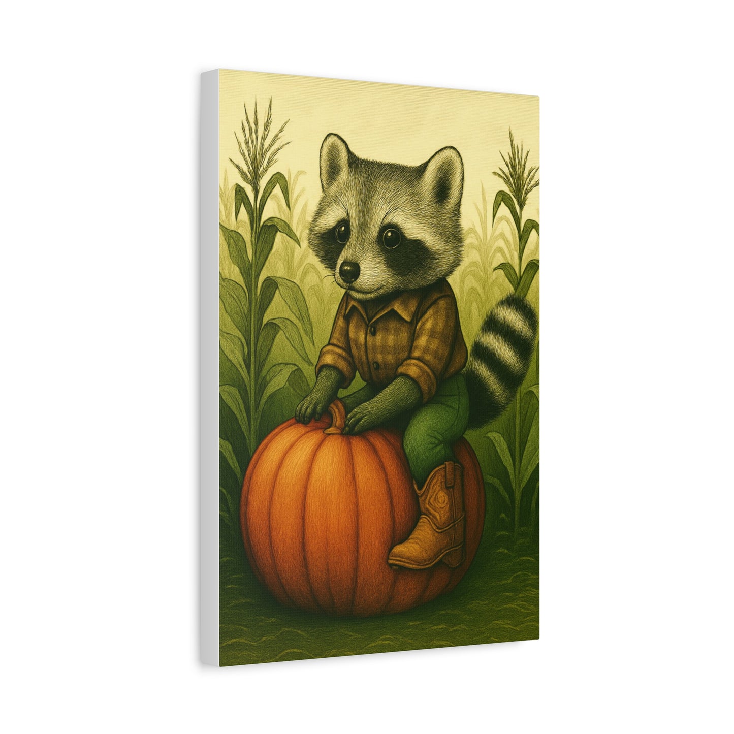 Matte Canvas Cowboy Harvest Raccoon on Pumpkin in Cornfield Green 8x10 - many sizes