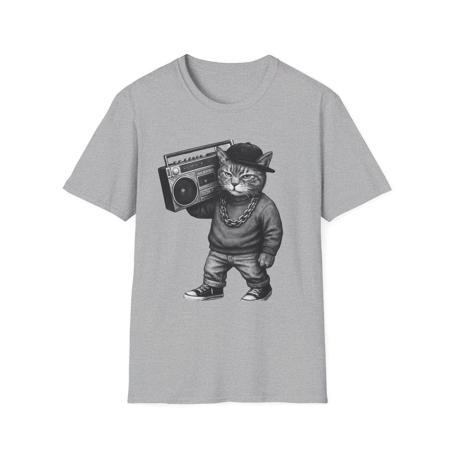 Black & White Boombox Cat T Shirt Hip Hop Streetwear Graphic Tee for Music Lovers Unisex Soft style T Shirt
