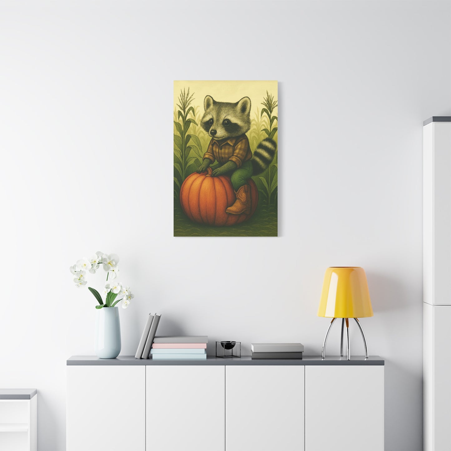 Matte Canvas Cowboy Harvest Raccoon on Pumpkin in Cornfield Green 8x10 - many sizes