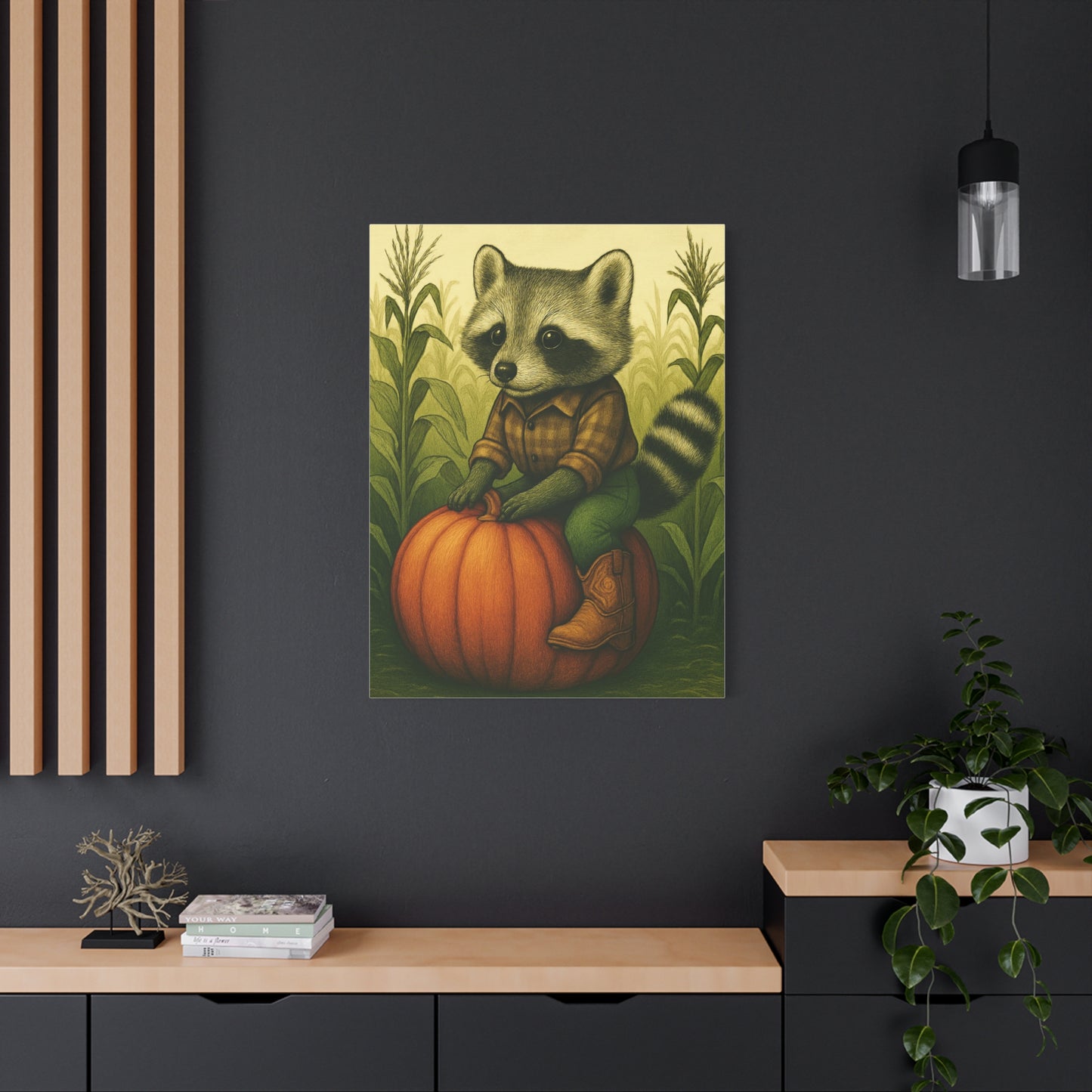Matte Canvas Cowboy Harvest Raccoon on Pumpkin in Cornfield Green 8x10 - many sizes