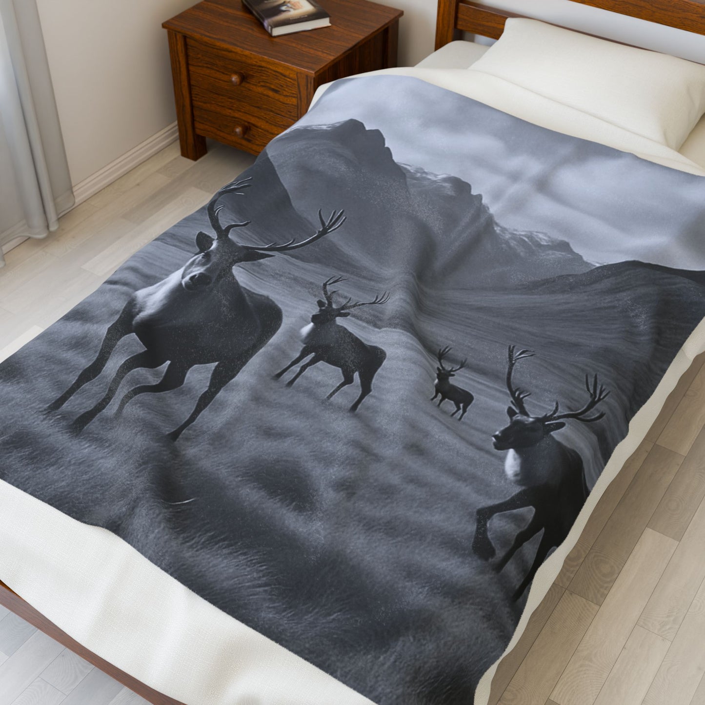 Black and White Deer Mountain Blanket Cozy Wildlife Lodge Cabin Plush Velveteen Throw for Rustic Home Décor
