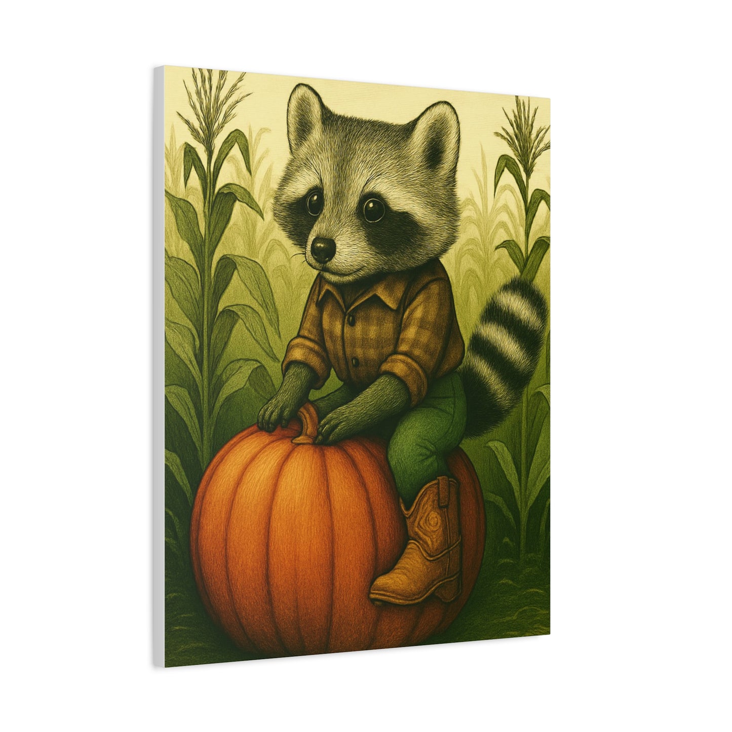Matte Canvas Cowboy Harvest Raccoon on Pumpkin in Cornfield Green 8x10 - many sizes