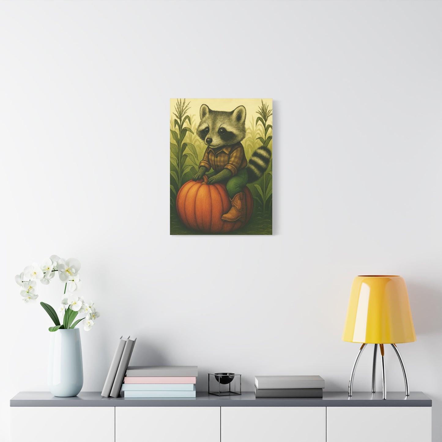 Matte Canvas Cowboy Harvest Raccoon on Pumpkin in Cornfield Green 8x10 - many sizes