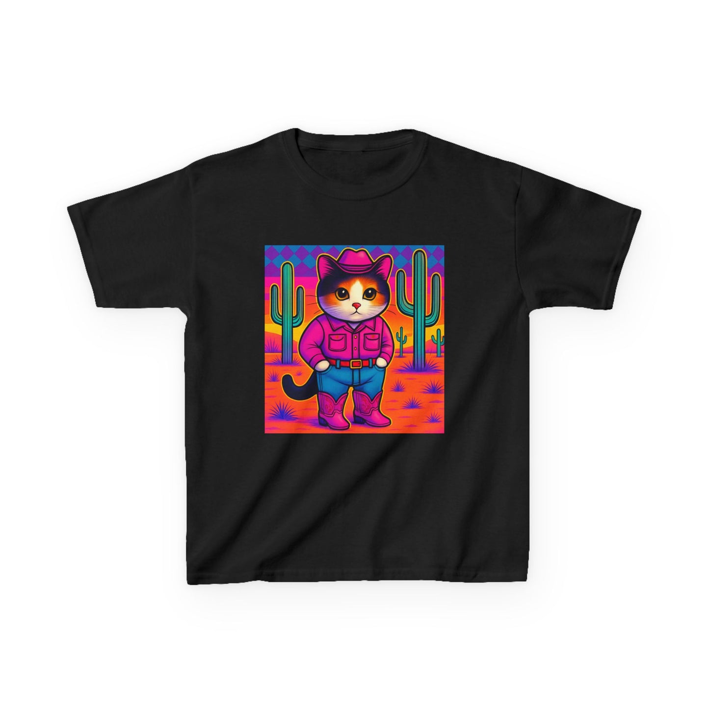Cowgirl Cat Kids Shirt Cute Western Cat Tee Pink Calico Kitty Desert Shirt Y2K Girls Graphic Tee Kids Heavy