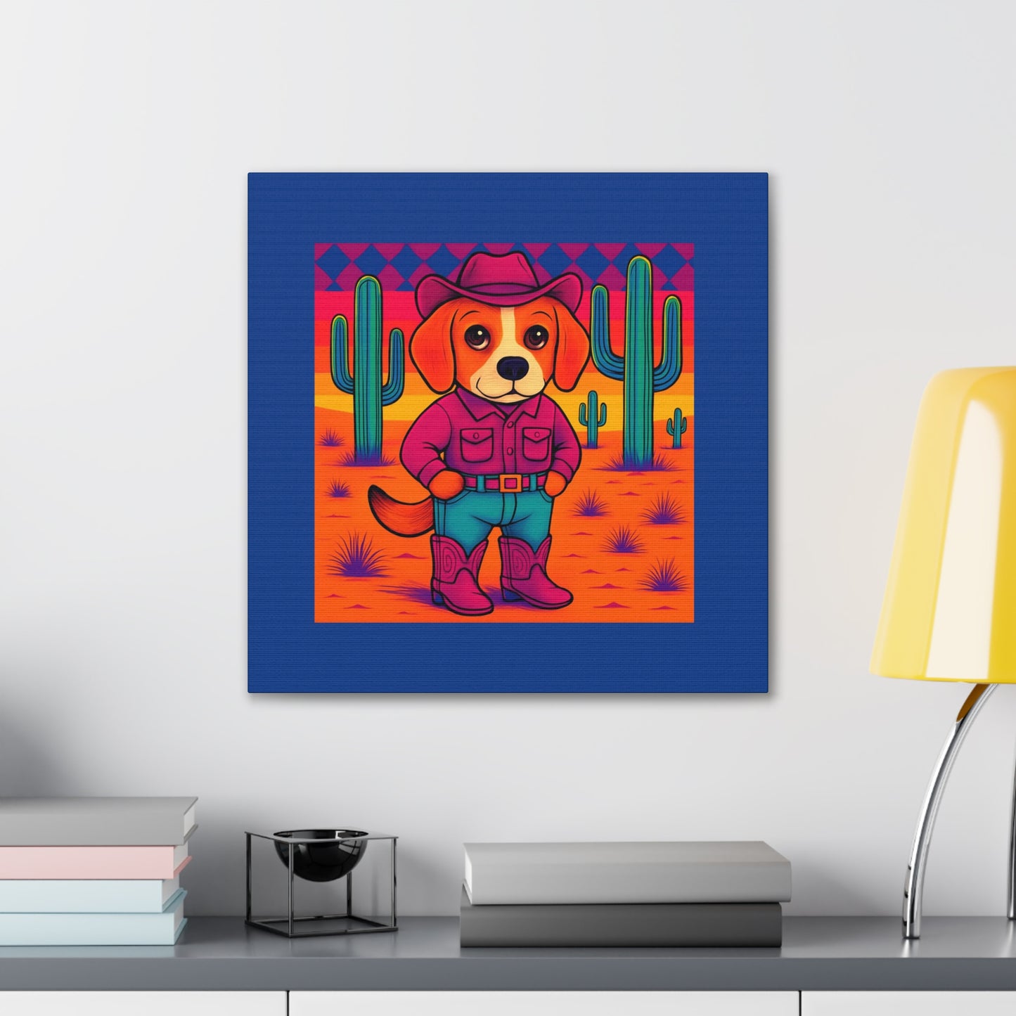 Canvas Stretched, Bright Colored Cowboy Dog in Desert Cactus, Cute Whimsical Wall Art, Home Decor, Western Animal Print, Dog Lover Gift