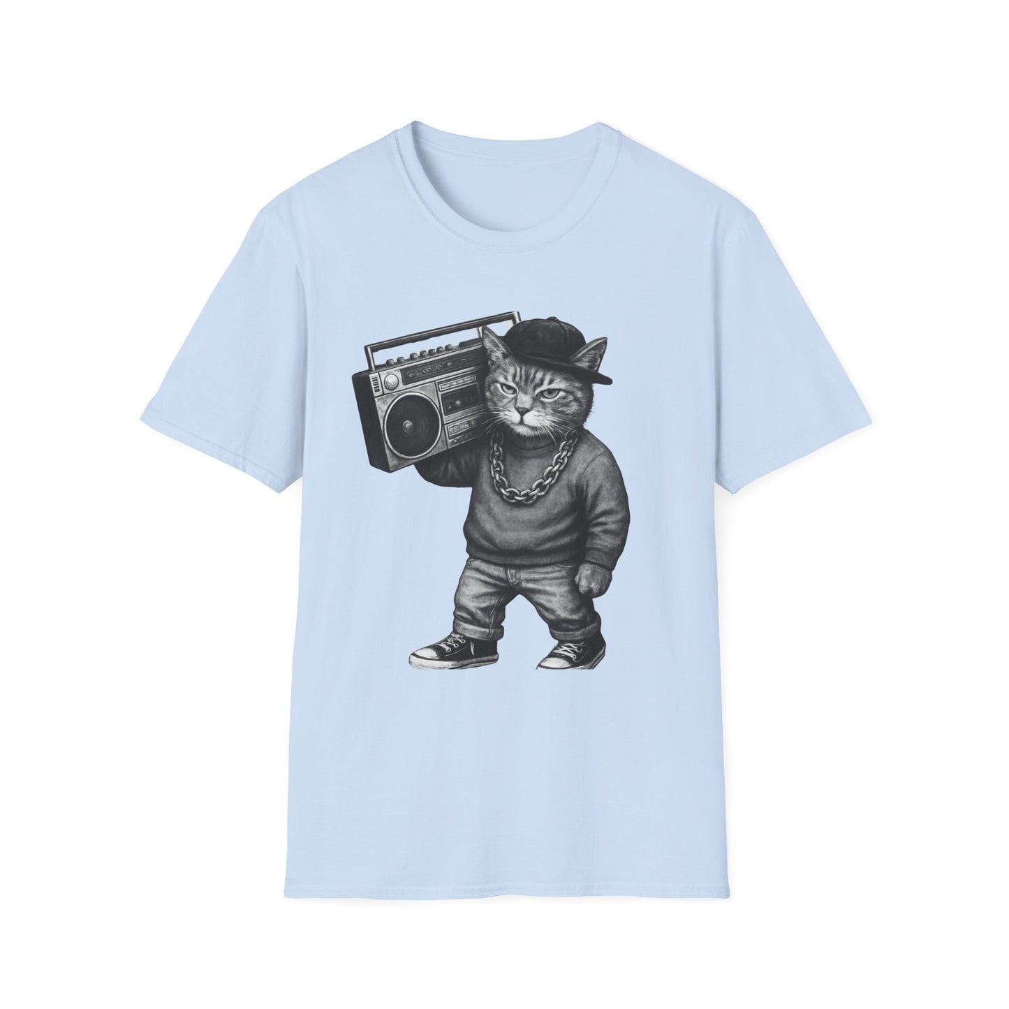 Black & White Boombox Cat T Shirt Hip Hop Streetwear Graphic Tee for Music Lovers Unisex Soft style T Shirt