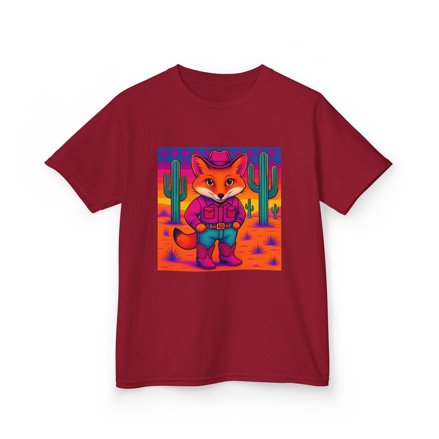 Cowboy Fox Kids T Shirt Cute Western Animal Shirt Unisex Youth Tee for Boys and Girls Neon Desert Y2K Style Kids Heavy Cotton™ Tee