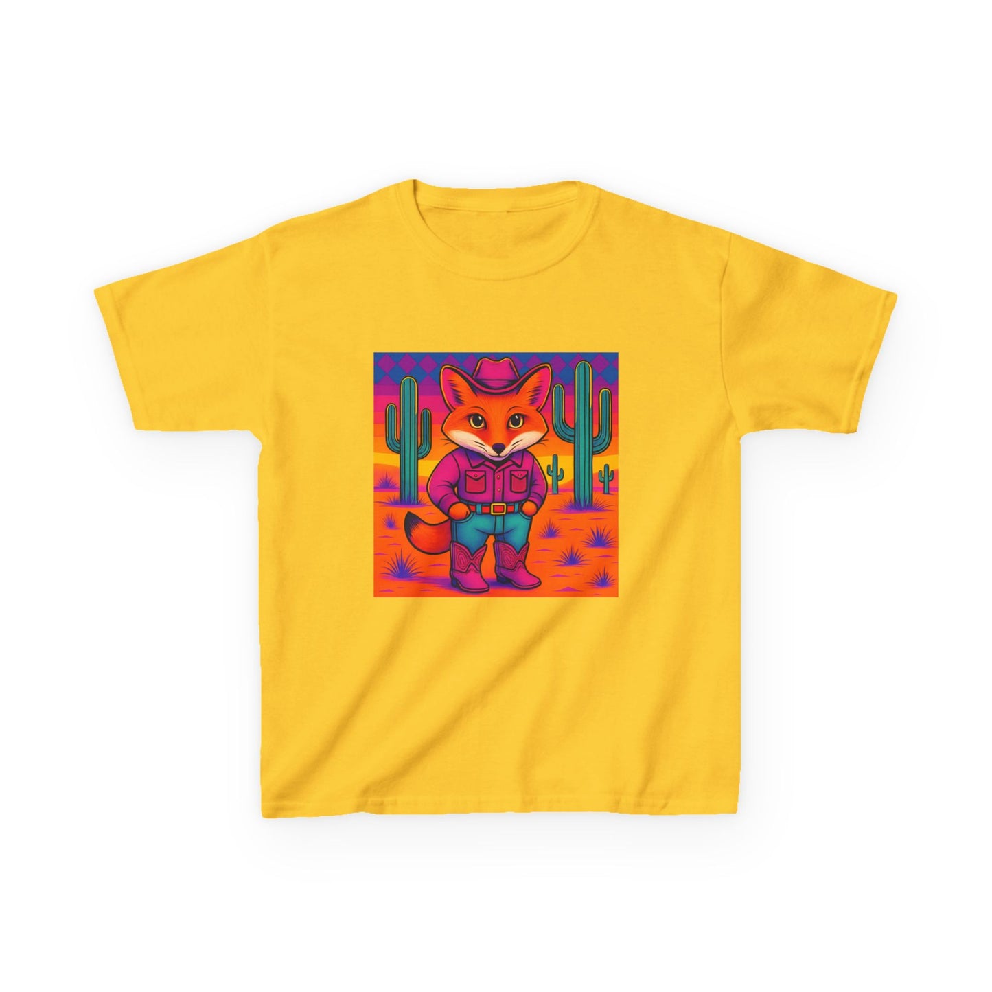 Cowboy Fox Kids T Shirt Cute Western Animal Shirt Unisex Youth Tee for Boys and Girls Neon Desert Y2K Style Kids Heavy Cotton™ Tee