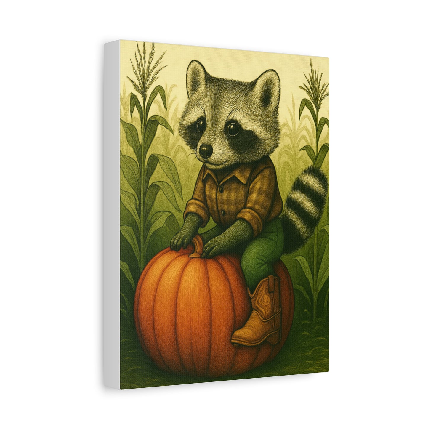 Matte Canvas Cowboy Harvest Raccoon on Pumpkin in Cornfield Green 8x10 - many sizes