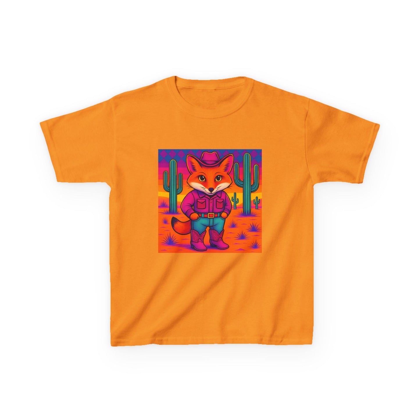 Cowboy Fox Kids T Shirt Cute Western Animal Shirt Unisex Youth Tee for Boys and Girls Neon Desert Y2K Style Kids Heavy Cotton™ Tee