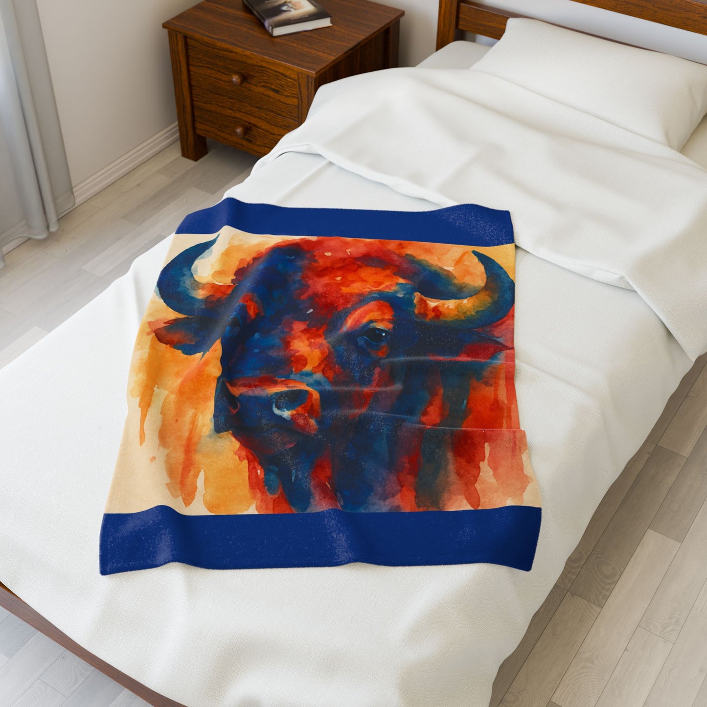 Buffalo Watercolor Blanket Western Ranch Lodge Plush Velveteen Throw, Cozy Southwest Rustic Home Décor