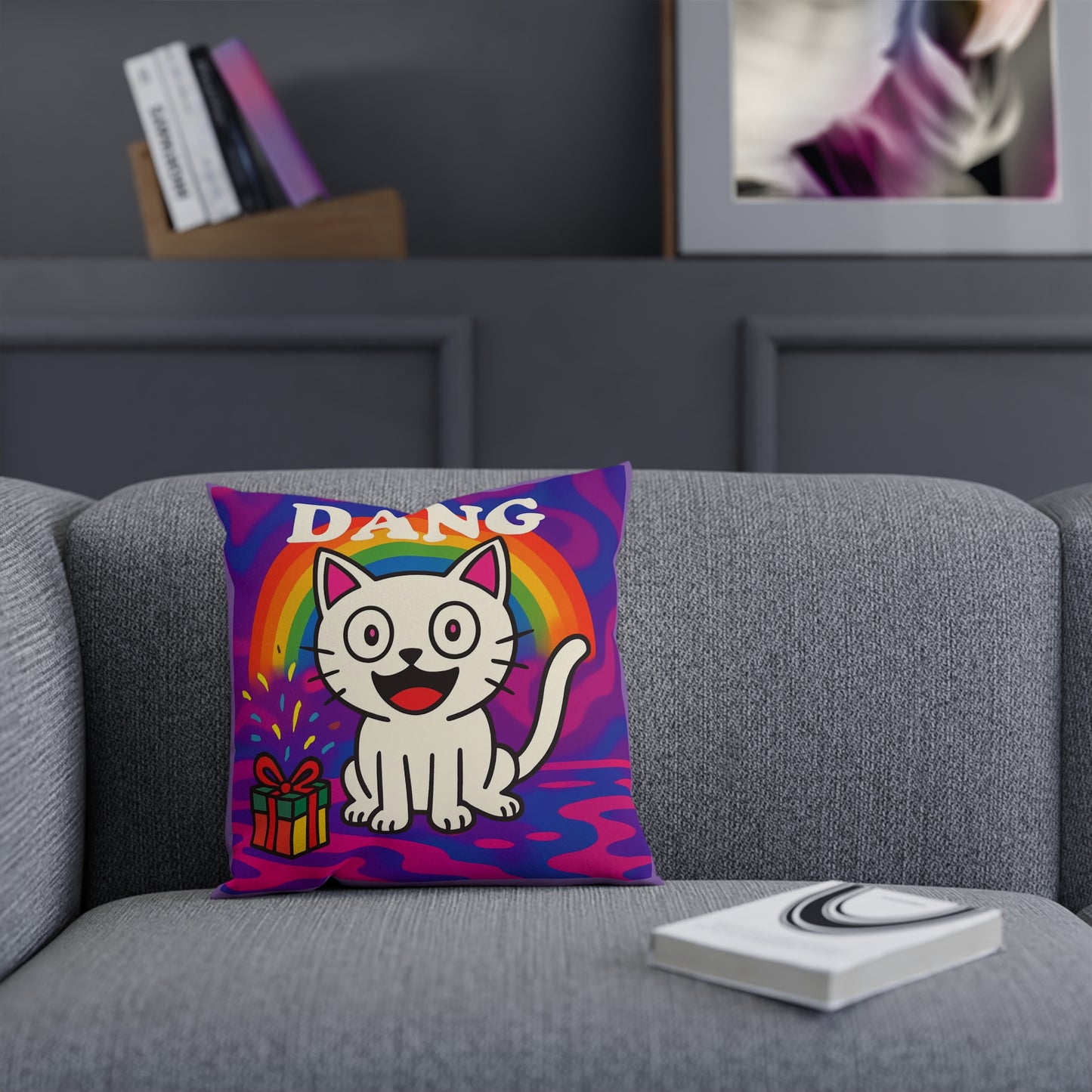 Cushion Pillow, Rainbow White Kitten Decorative Throw Pillow, Bed Cushion, Living Room Pillow, Nursery Decor, Couch Pillow