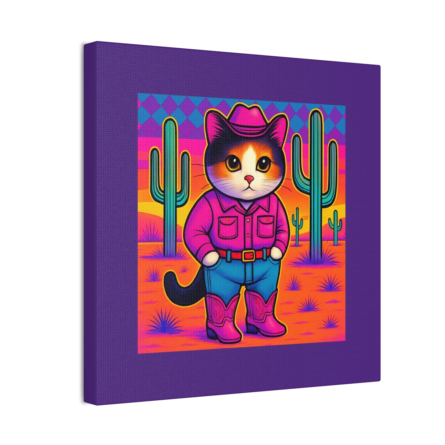Bright Colored Cowboy Cat with Cactus Canvas stretched 8x8