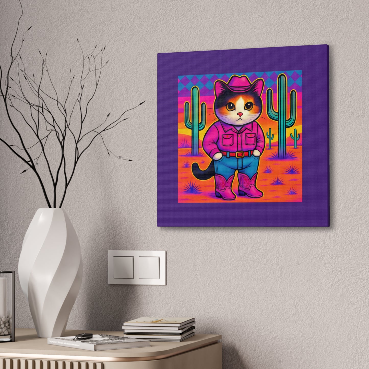 Bright Colored Cowboy Cat with Cactus Canvas stretched 8x8