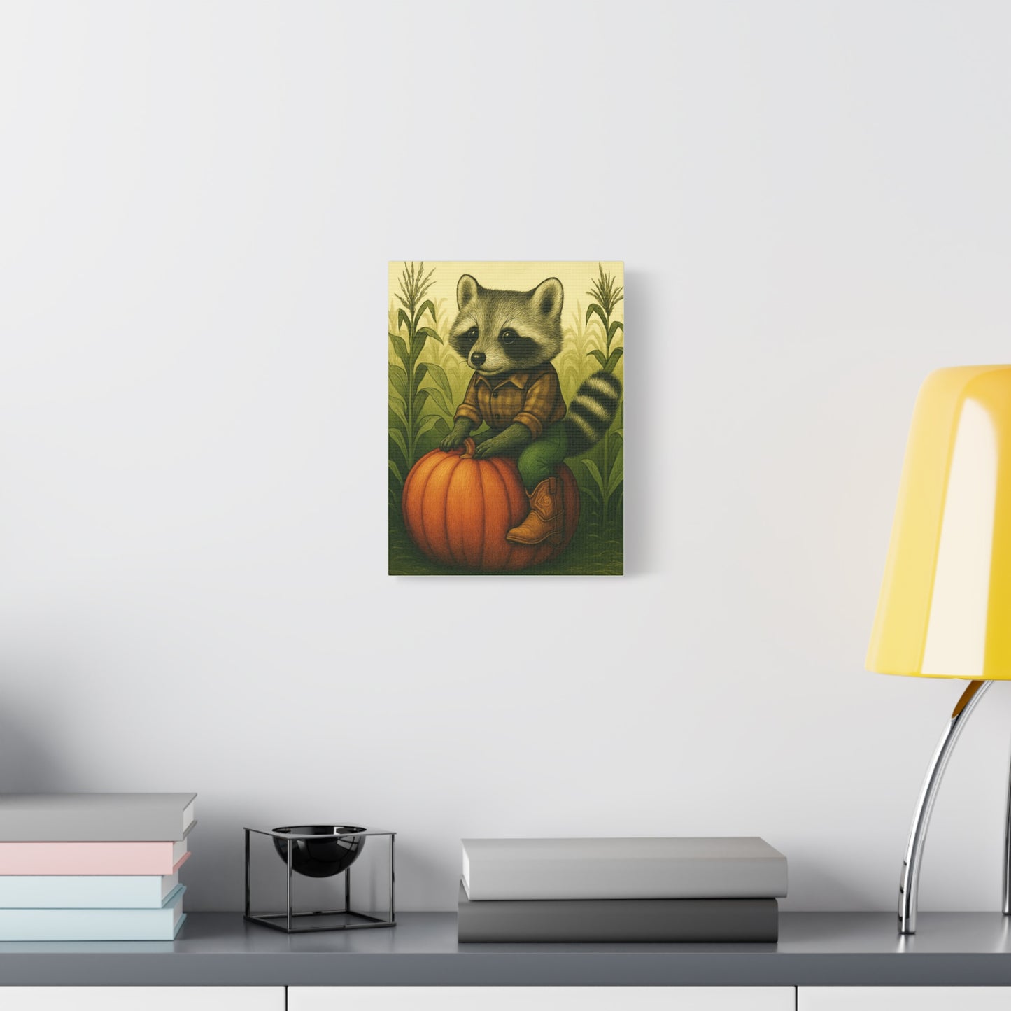 Matte Canvas Cowboy Harvest Raccoon on Pumpkin in Cornfield Green 8x10 - many sizes