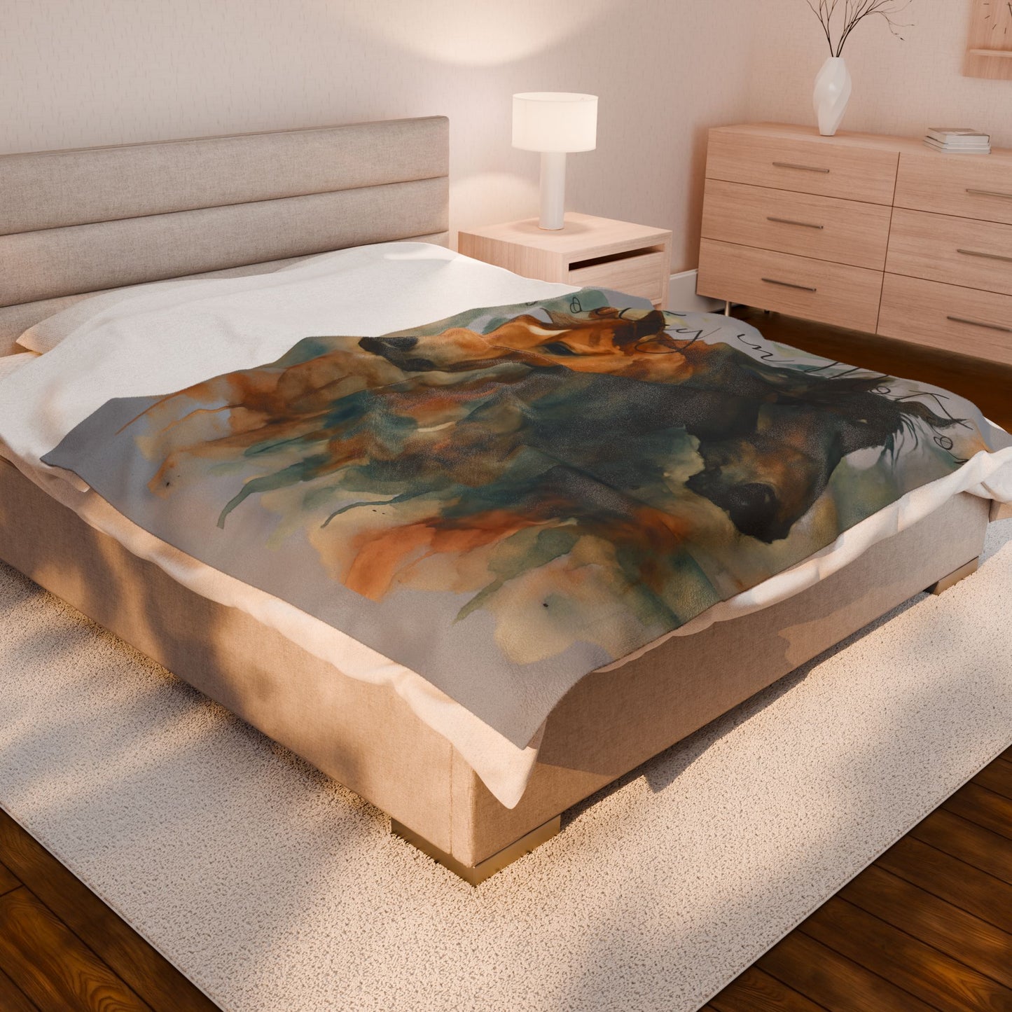 Watercolor Horse Blanket, Cozy Western Ranch Throw with Horse Lovers Art