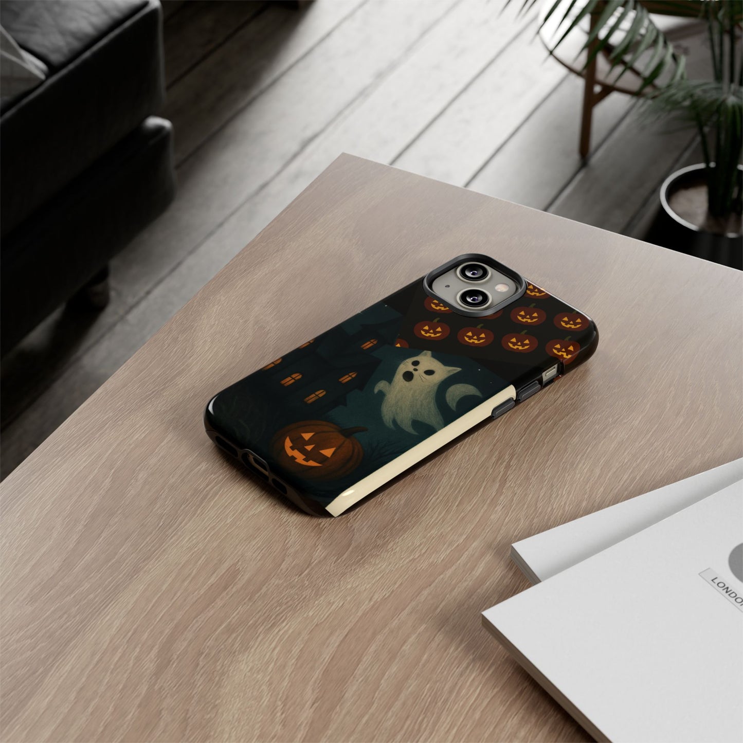 Phone Case, Halloween Haunted House Cat Ghost iPhone 16, 15, 14, Pixel 8, 6 Samsung Galaxy 25, 24, 23