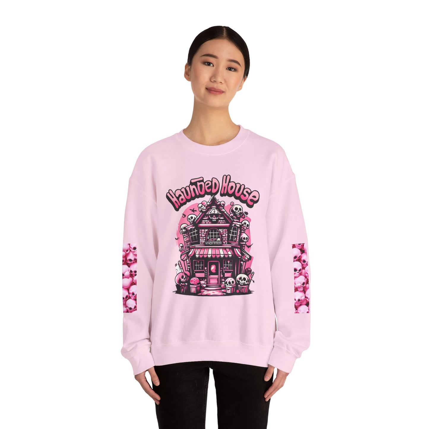 Haunted House Skull Sweatshirt Pink - Spooky Cute Pink & Black Aesthetic, Men, Women, Pink Skull,