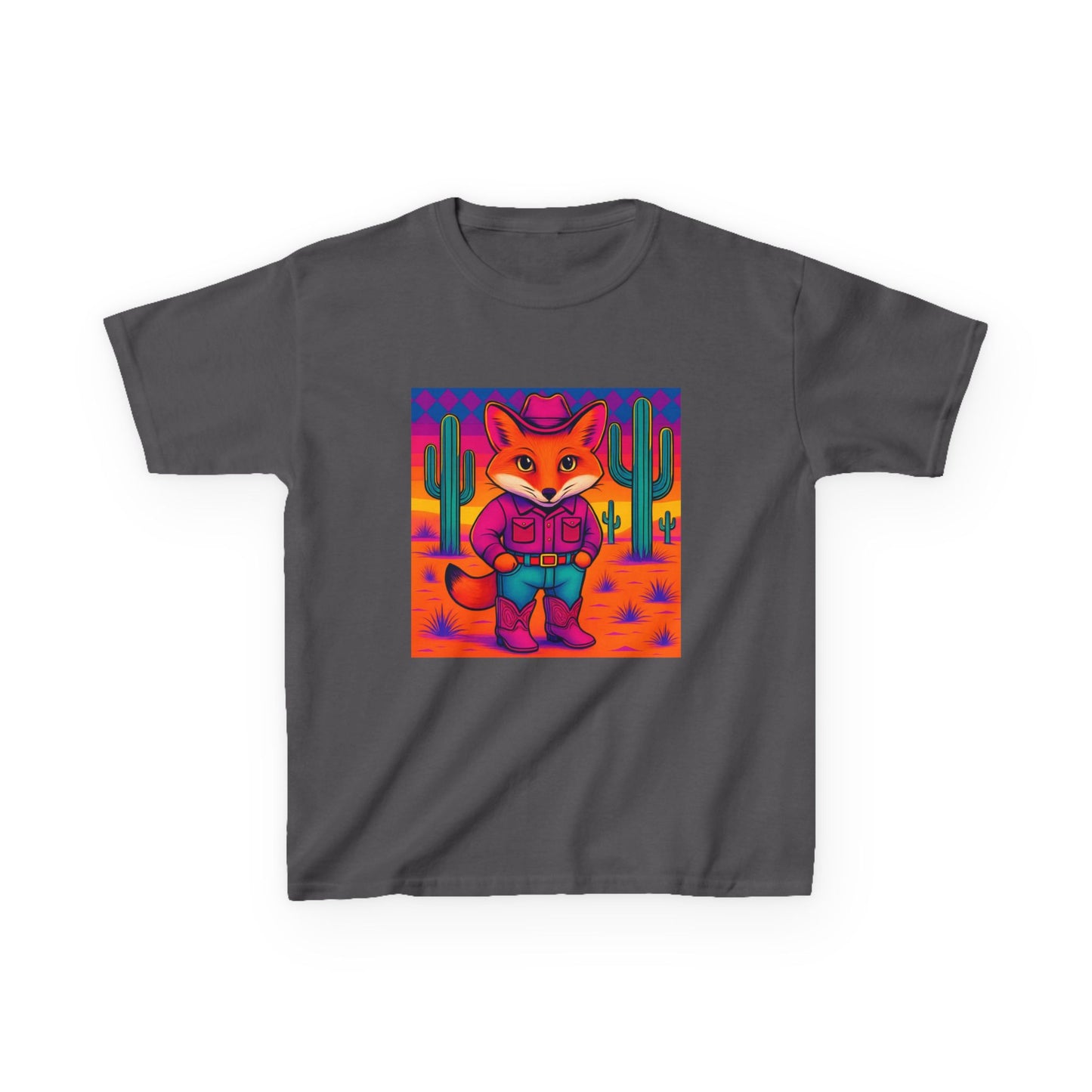 Cowboy Fox Kids T Shirt Cute Western Animal Shirt Unisex Youth Tee for Boys and Girls Neon Desert Y2K Style Kids Heavy Cotton™ Tee