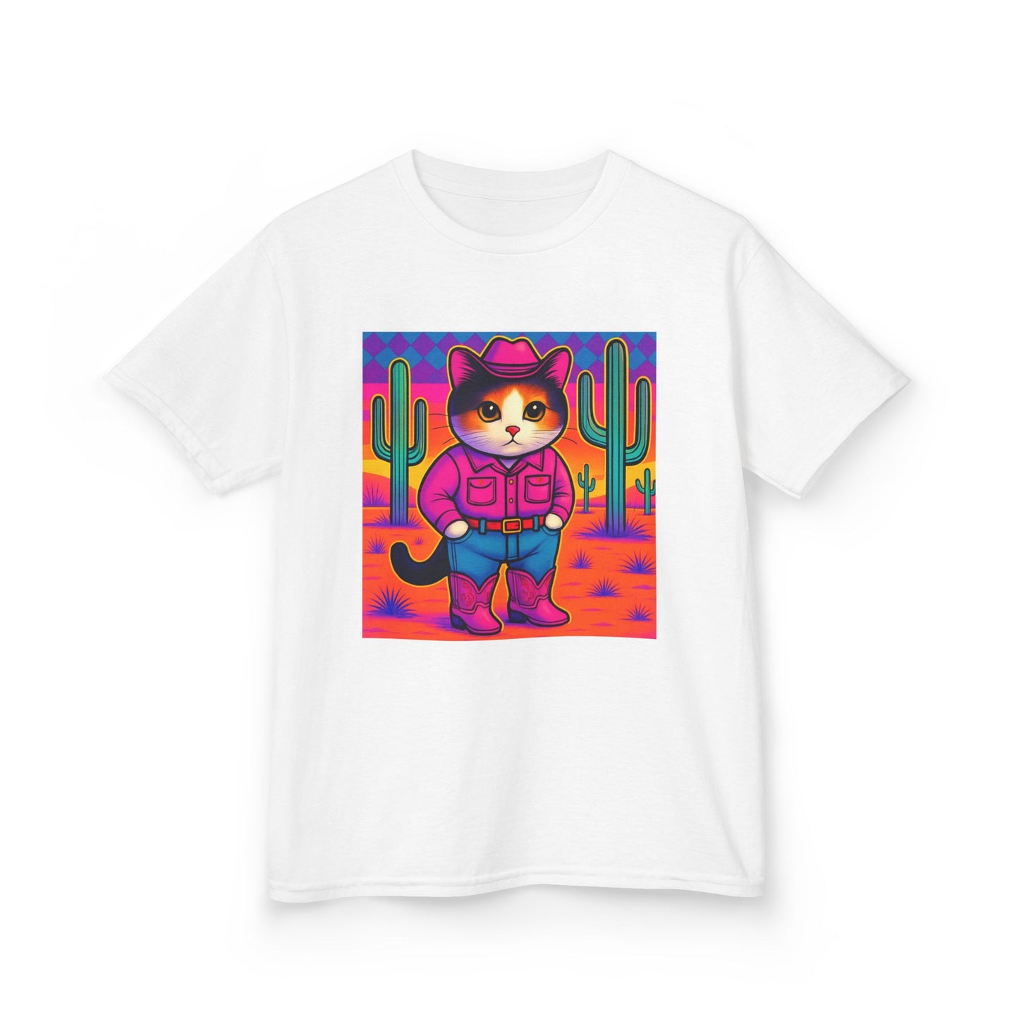 Cowgirl Cat Kids Shirt Cute Western Cat Tee Pink Calico Kitty Desert Shirt Y2K Girls Graphic Tee Kids Heavy