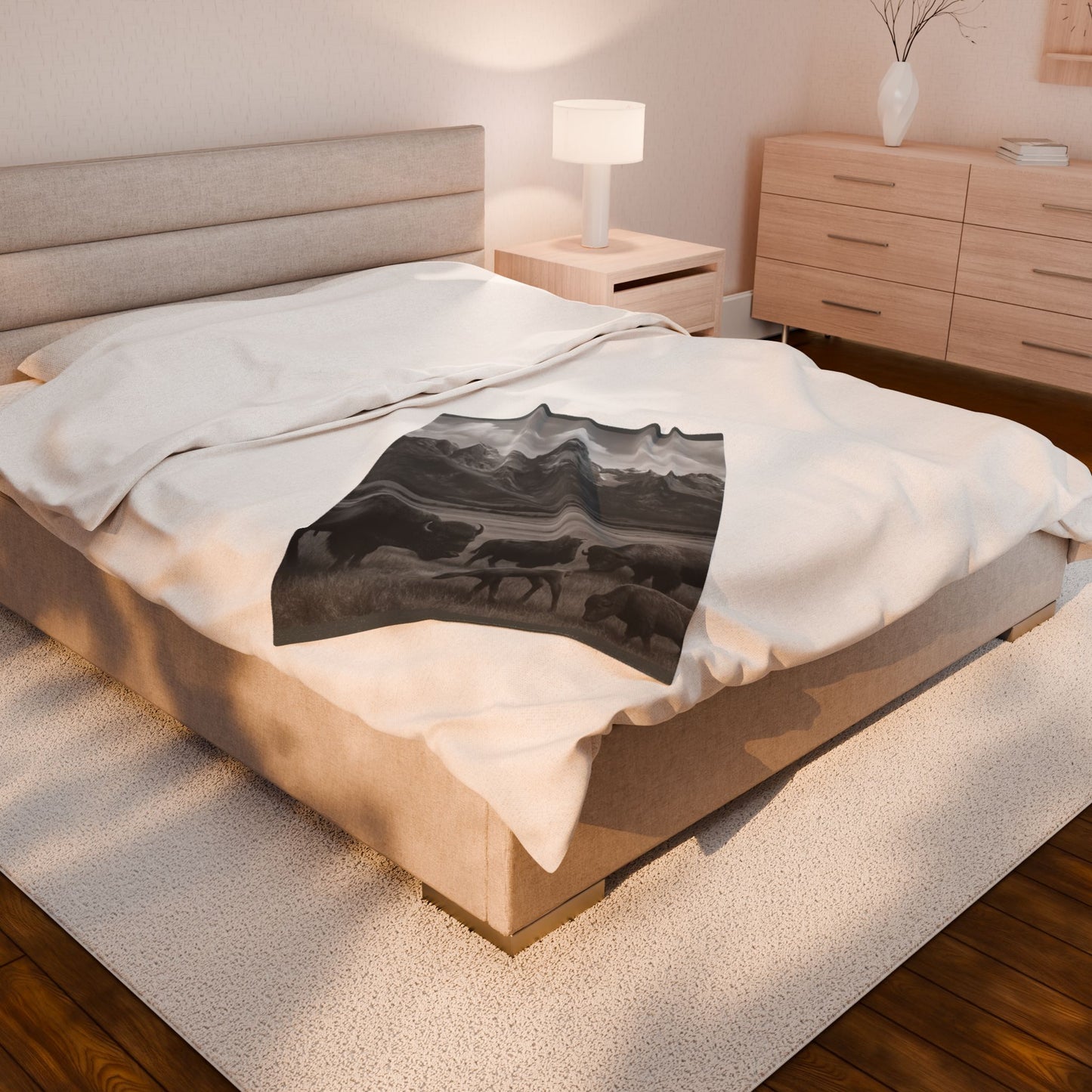 Rustic Bison Mountain Blanket Western Wildlife Lodge Cabin Decor, Cozy Buffalo Herd Bed Throw, Nature Inspired Rustic Bedding