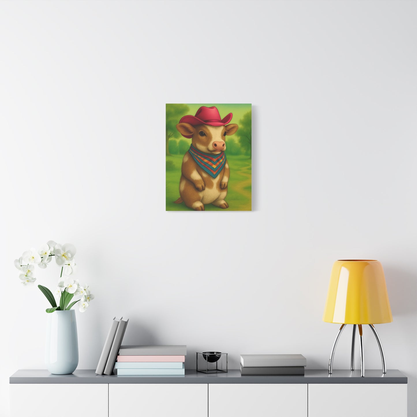 Cowboy Cow Country Baby Matte Canvas - 8x10 Stretched Nursery Wall Art, Western Farmhouse Decor, Kids Room Print, Rustic Barn Animal