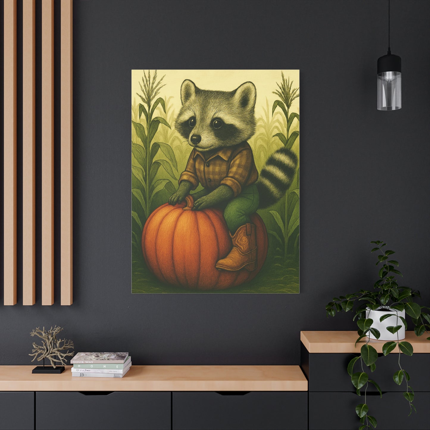 Matte Canvas Cowboy Harvest Raccoon on Pumpkin in Cornfield Green 8x10 - many sizes