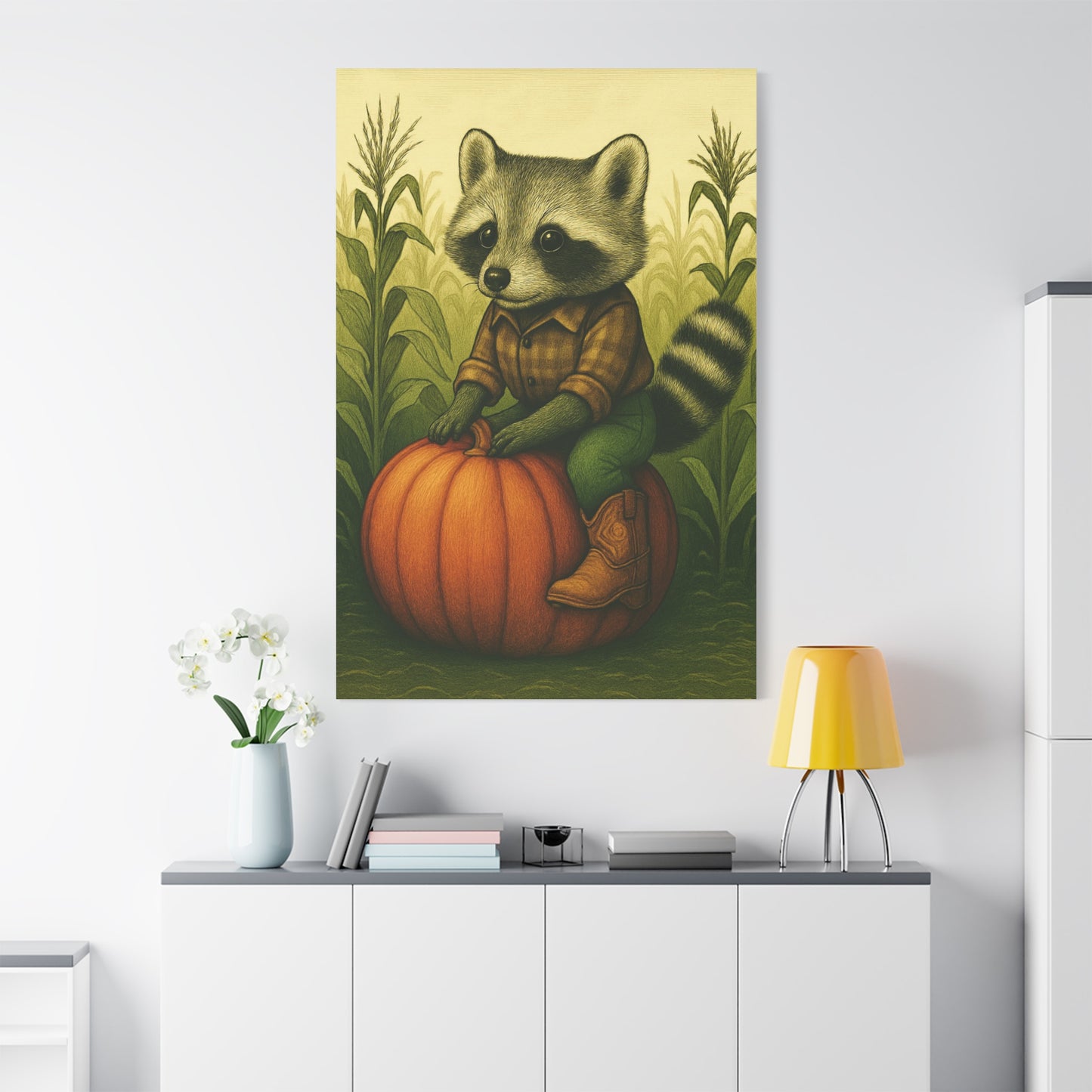 Matte Canvas Cowboy Harvest Raccoon on Pumpkin in Cornfield Green 8x10 - many sizes