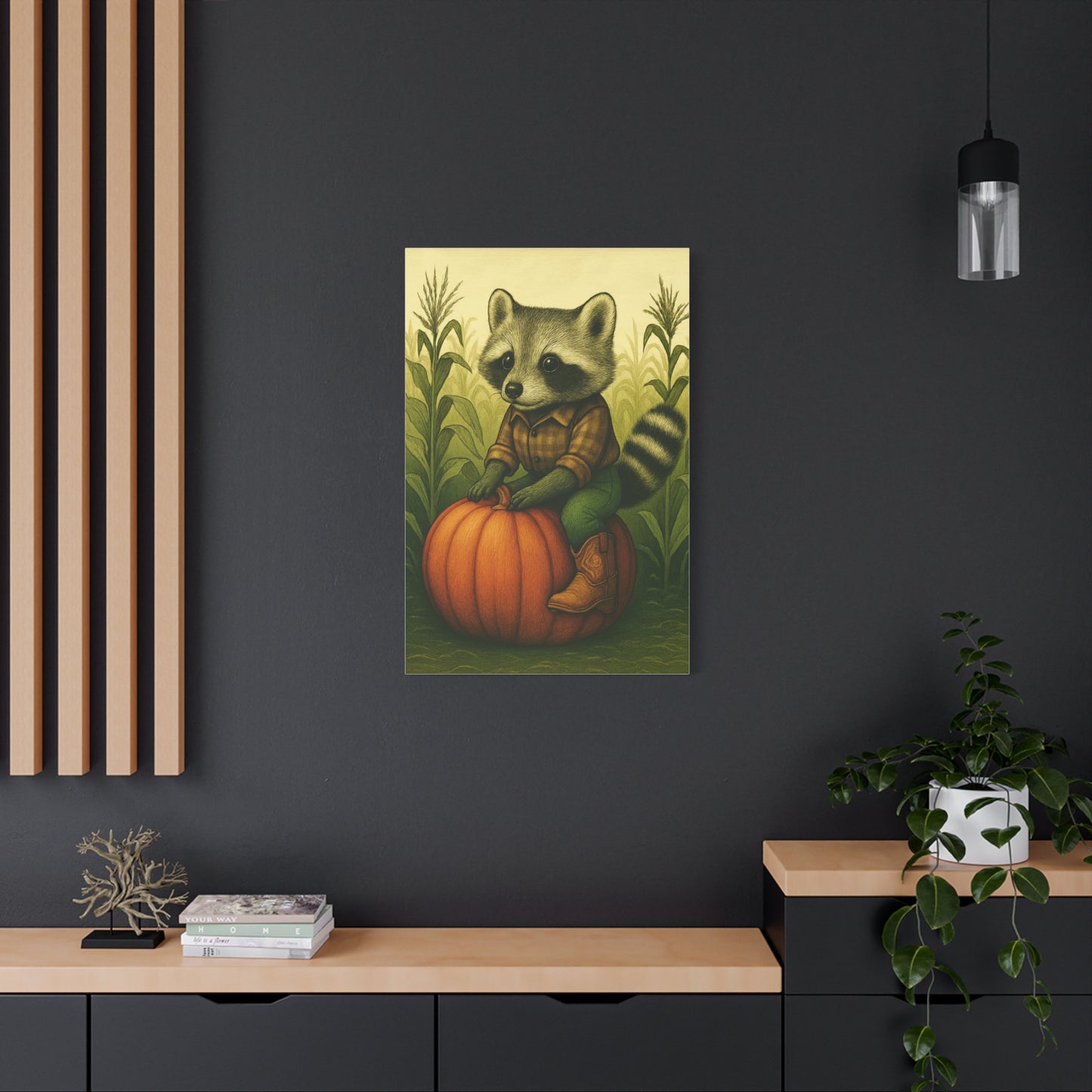 Matte Canvas Cowboy Harvest Raccoon on Pumpkin in Cornfield Green 8x10 - many sizes