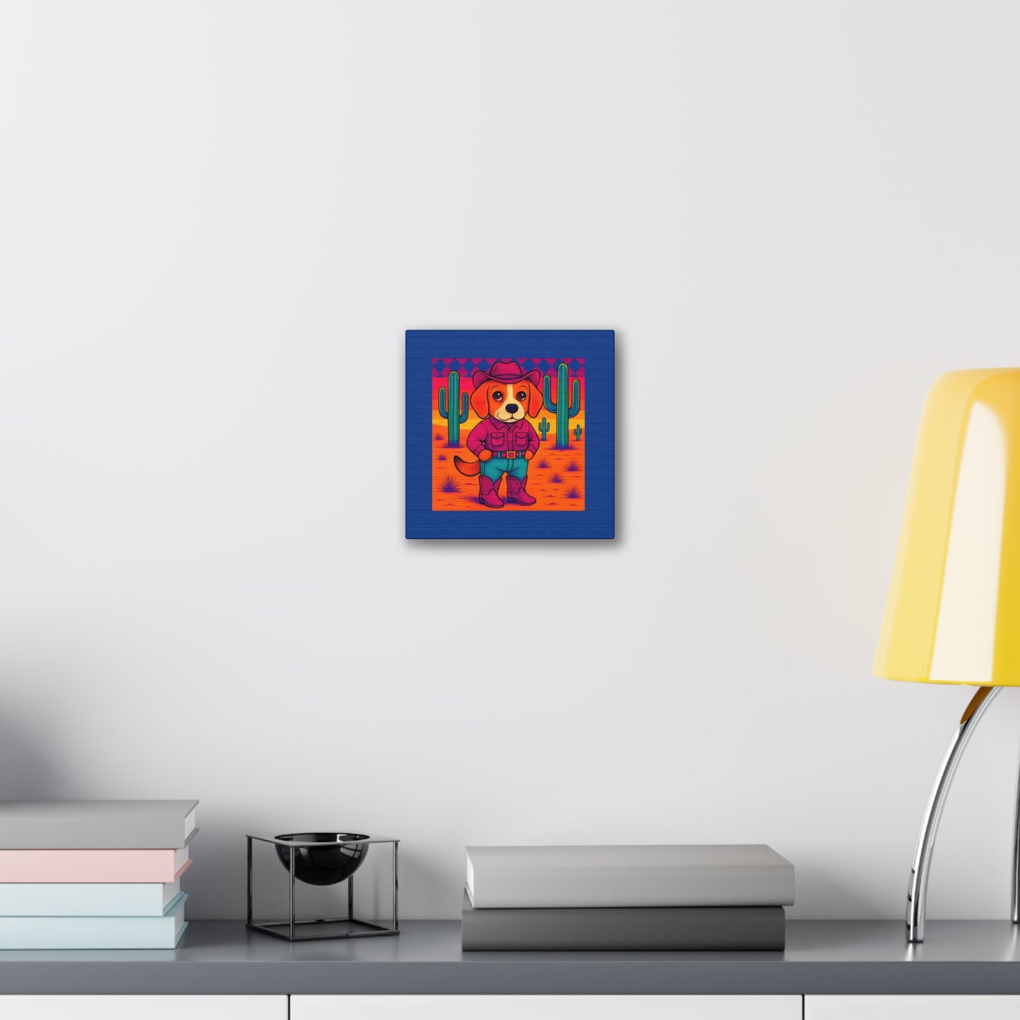 Canvas Stretched, Bright Colored Cowboy Dog in Desert Cactus, Cute Whimsical Wall Art, Home Decor, Western Animal Print, Dog Lover Gift