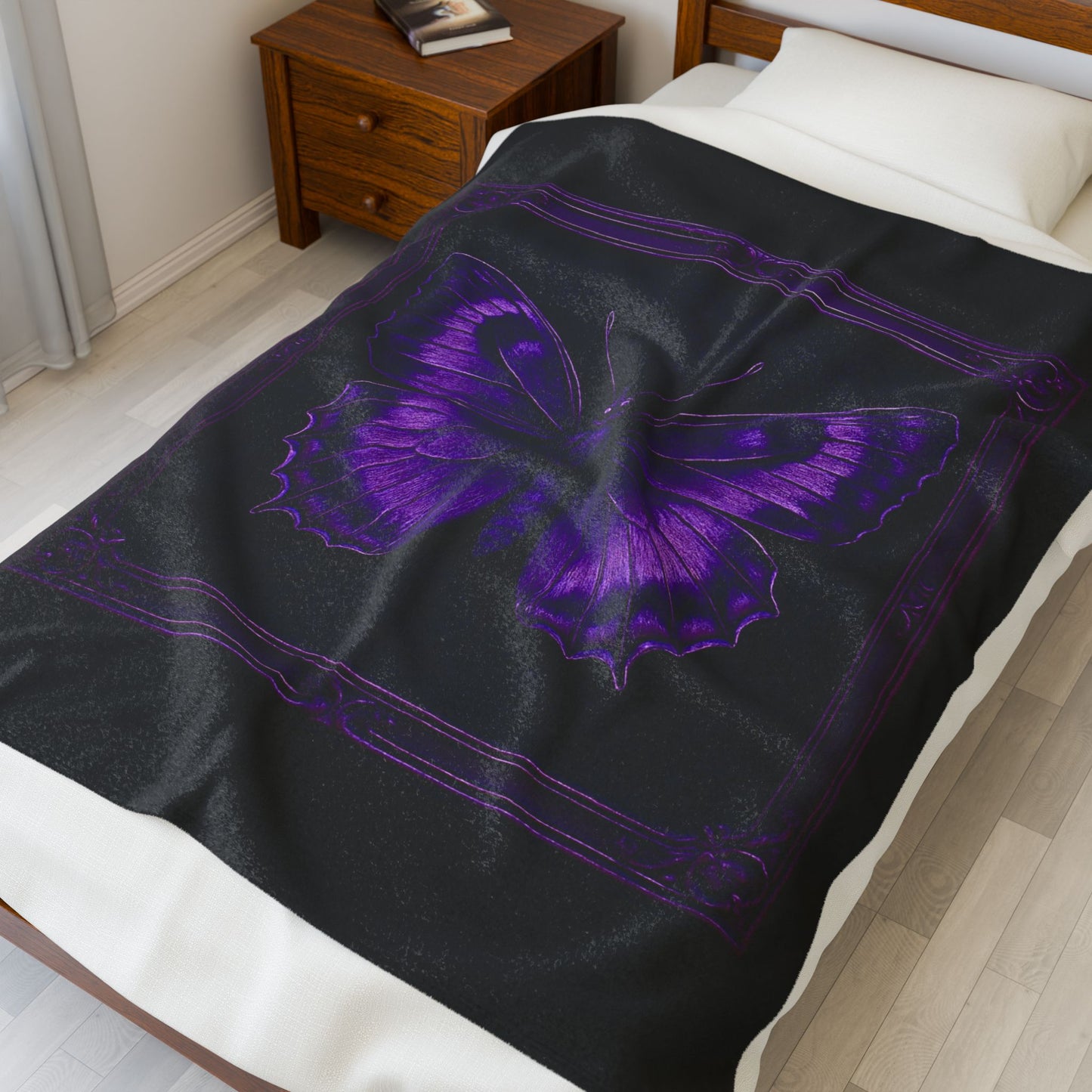 Purple Butterfly Blanket Black Throw Gothic Boho Cozy Decor Velveteen Plush Blanket