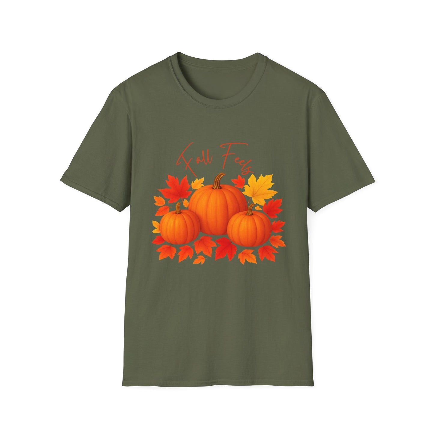 Fall Feels Pumpkin T-Shirt Cozy Autumn Leaves & Seasonal Harvest Tee Unisex Soft style T Shirt
