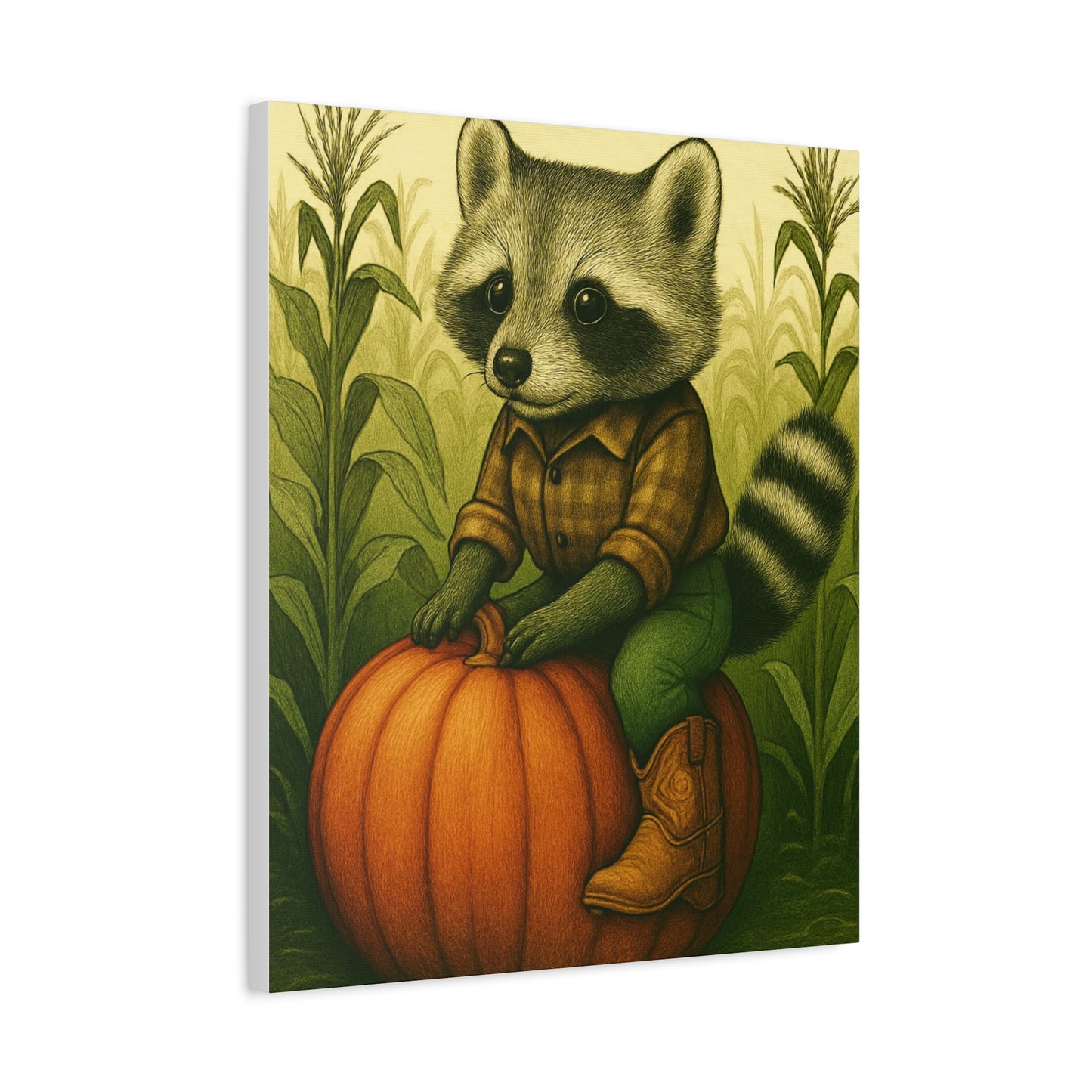 Matte Canvas Cowboy Harvest Raccoon on Pumpkin in Cornfield Green 8x10 - many sizes