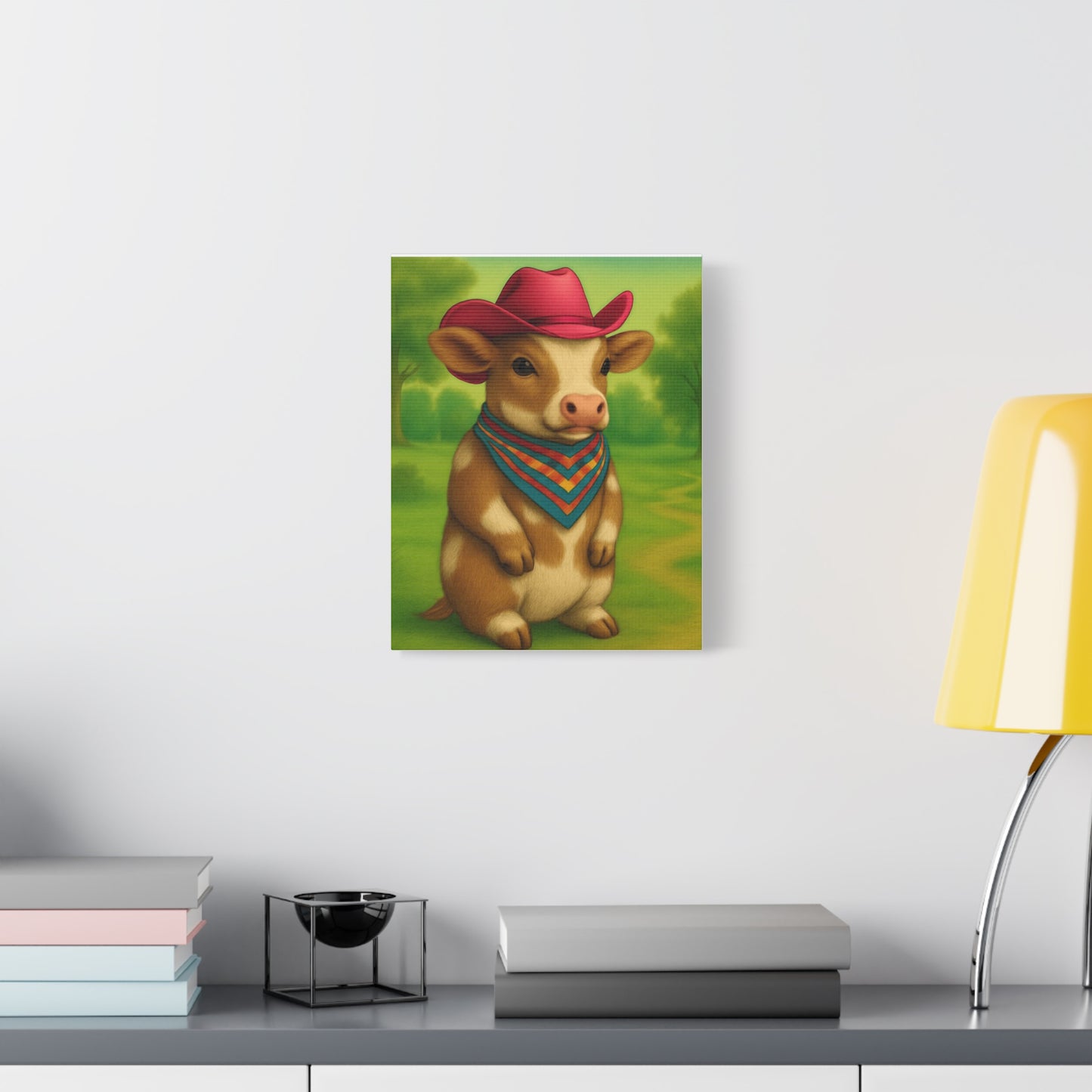 Cowboy Cow Country Baby Matte Canvas - 8x10 Stretched Nursery Wall Art, Western Farmhouse Decor, Kids Room Print, Rustic Barn Animal