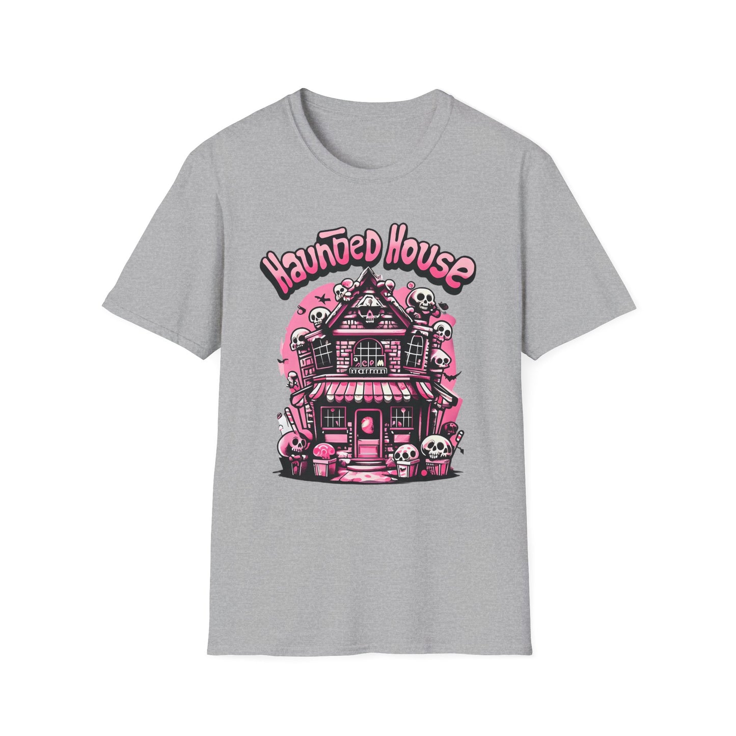 Haunted House Halloween T-Shirt Pink Spooky Gothic Unisex Softstyle T-Shirt Men Women Teen College Student Highschool