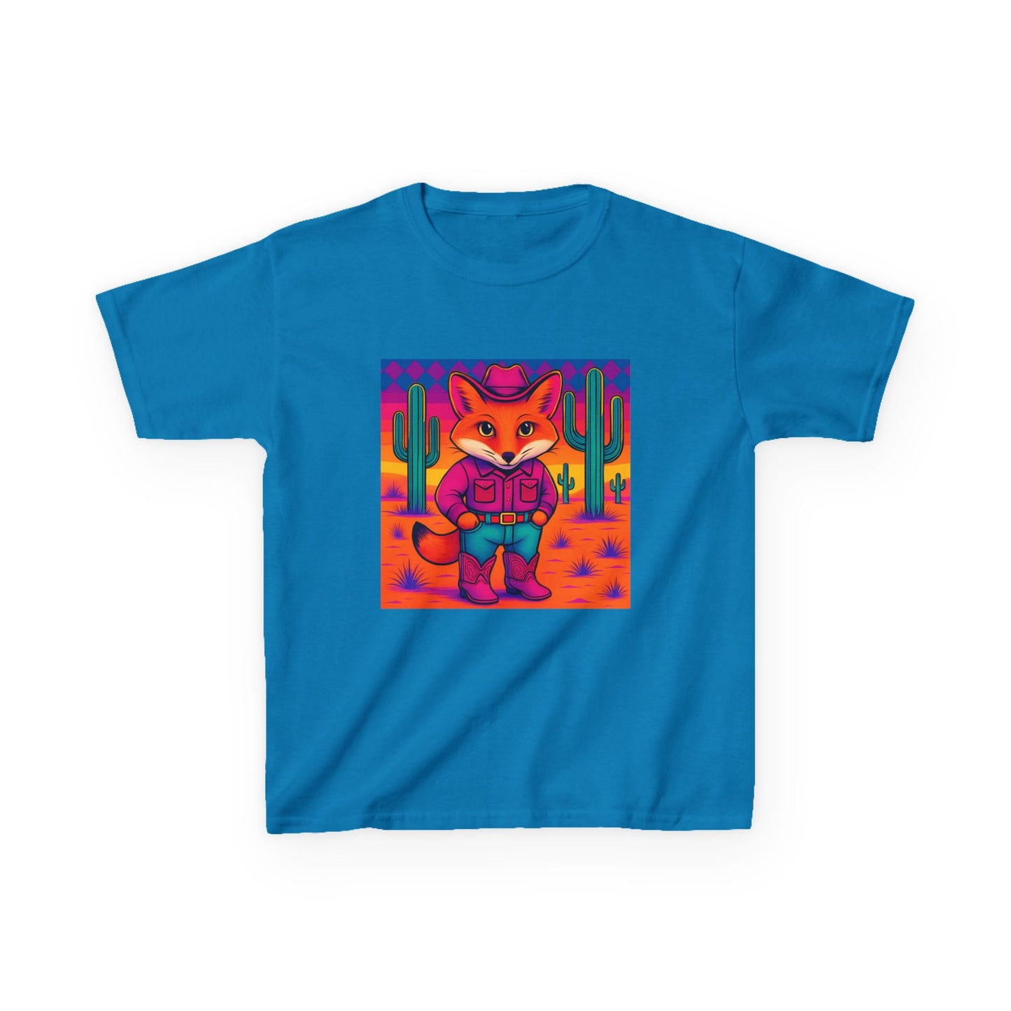 Cowboy Fox Kids T Shirt Cute Western Animal Shirt Unisex Youth Tee for Boys and Girls Neon Desert Y2K Style Kids Heavy Cotton™ Tee