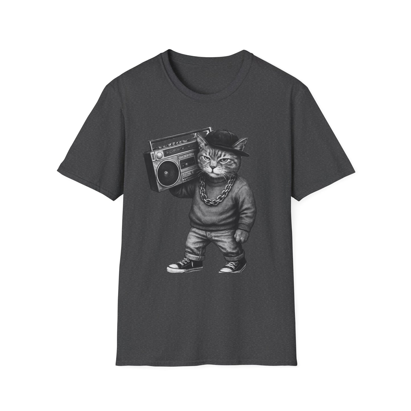 Black & White Boombox Cat T Shirt Hip Hop Streetwear Graphic Tee for Music Lovers Unisex Soft style T Shirt