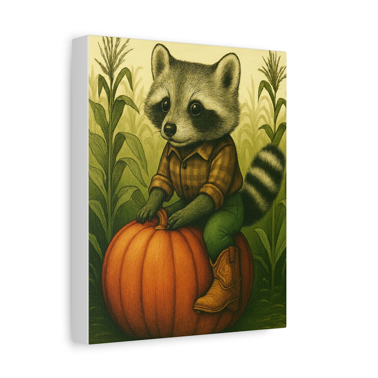 Matte Canvas Cowboy Harvest Raccoon on Pumpkin in Cornfield Green 8x10 - many sizes