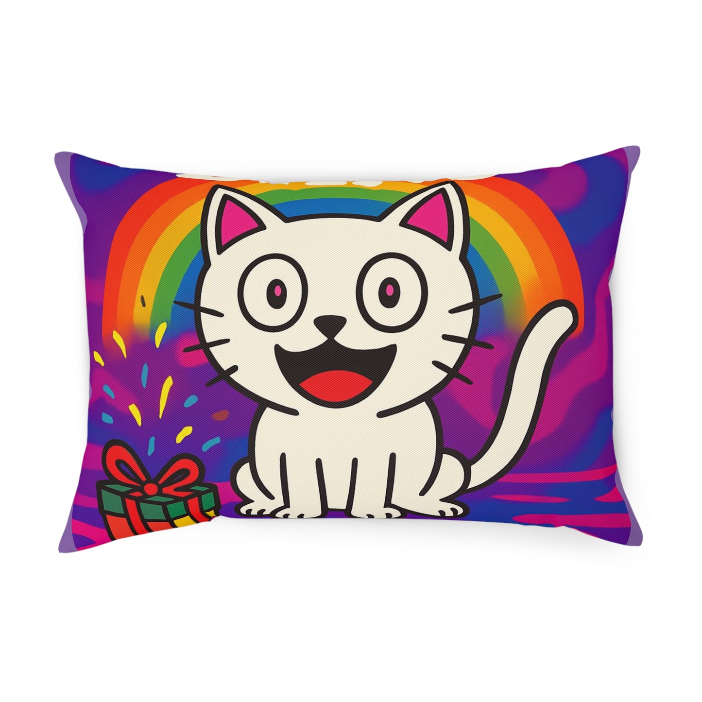 Cushion Pillow, Rainbow White Kitten Decorative Throw Pillow, Bed Cushion, Living Room Pillow, Nursery Decor, Couch Pillow