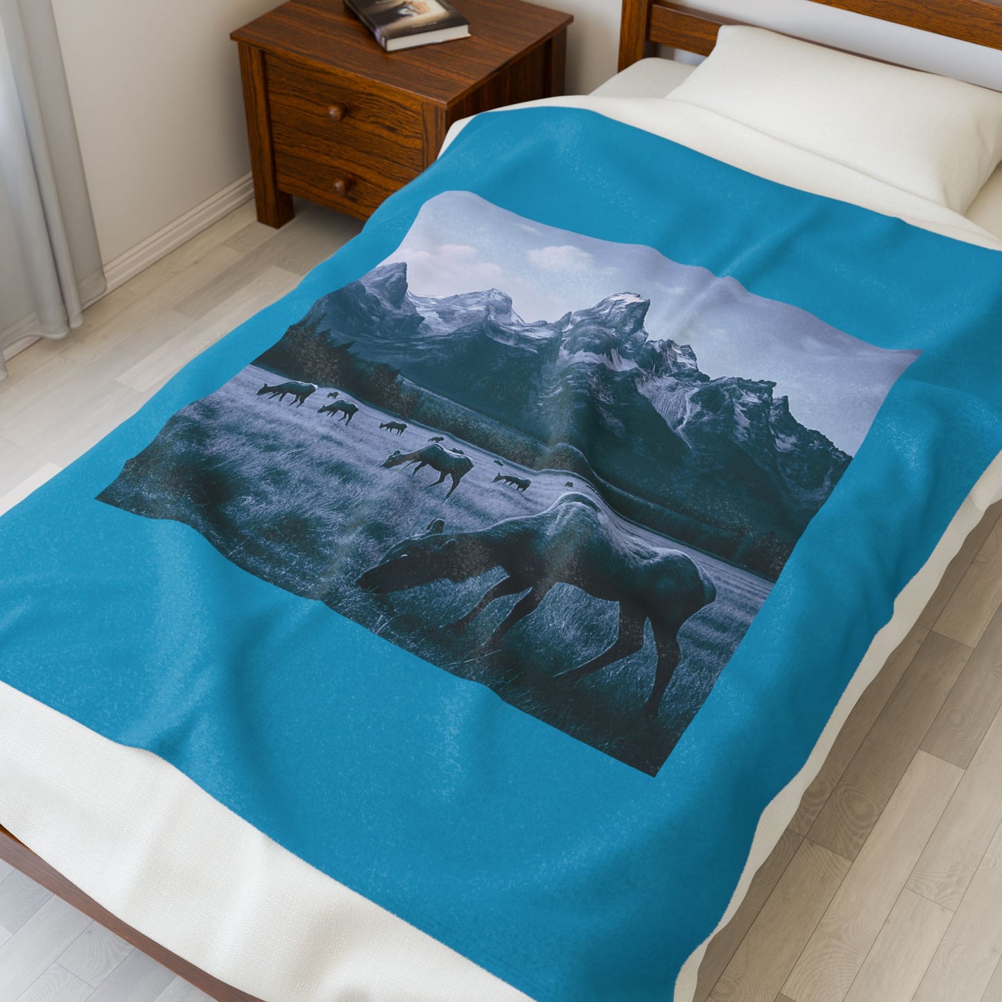 Rustic Elk Mountain Throw Blanket Wildlife Lodge Cabin Decor, Nature Scene Bed Cover, Elk Herd Western Gift Velveteen Plush Blanket