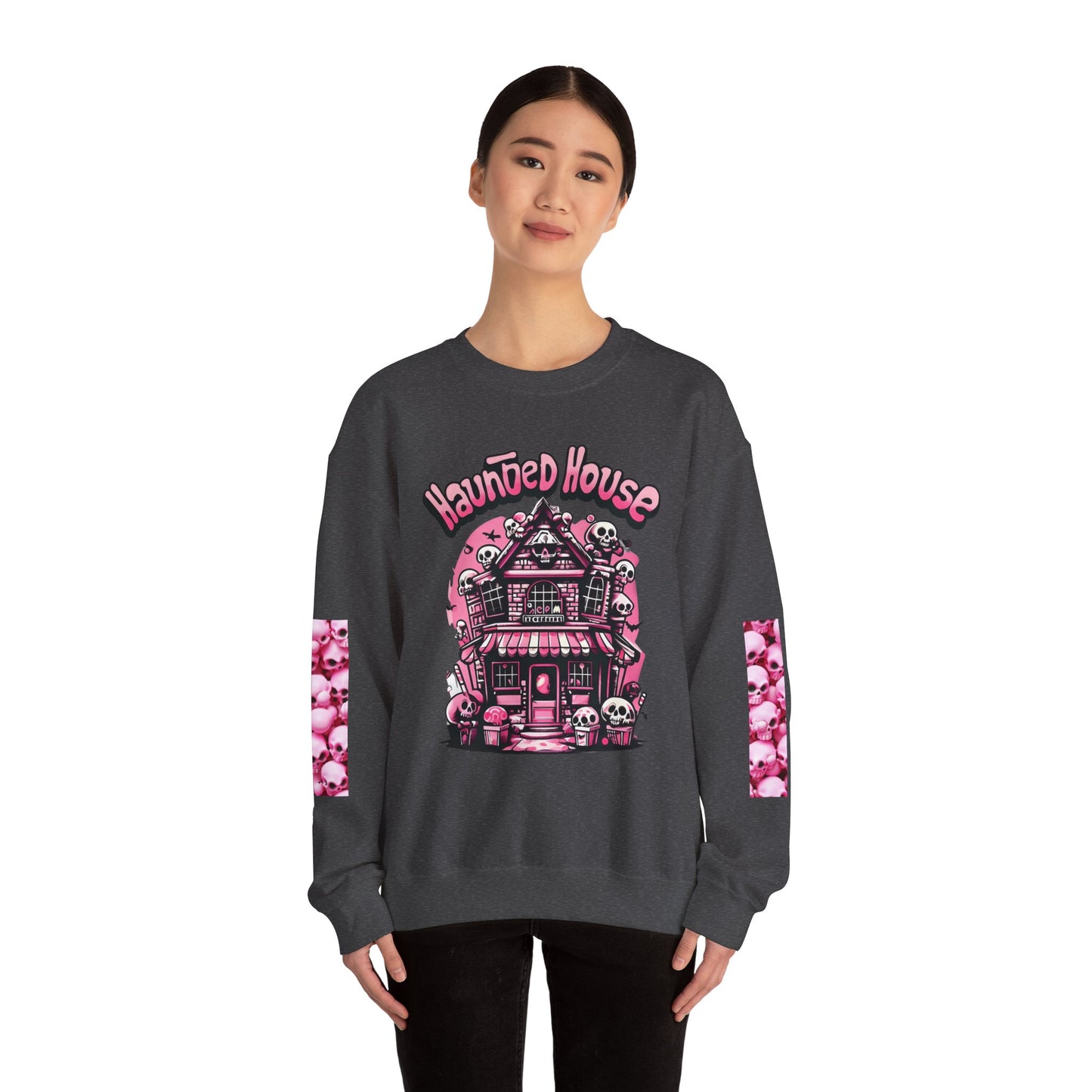 Haunted House Skull Sweatshirt Pink - Spooky Cute Pink & Black Aesthetic, Men, Women, Pink Skull,