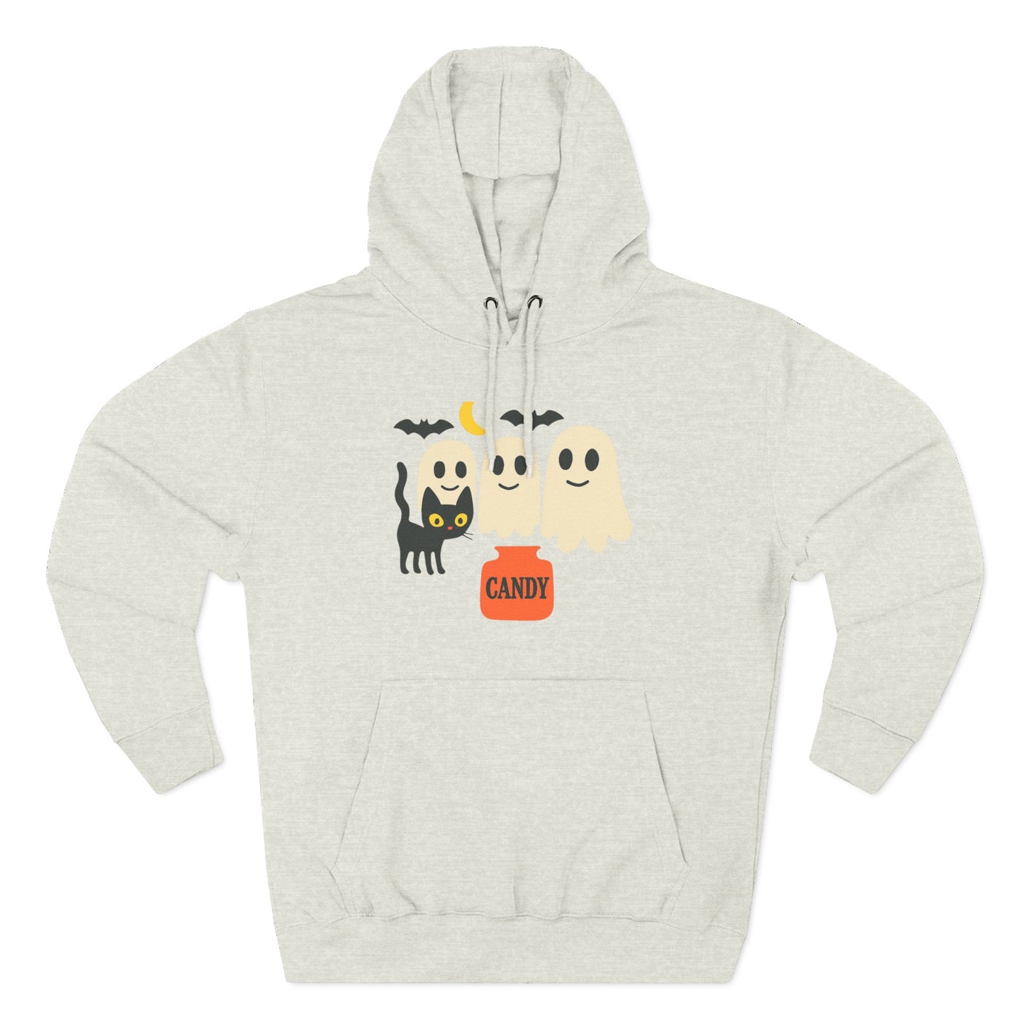 Halloween Three-Panel Fleece Hoodie, Ghost Black Cat Long Sleeve Unisex, Scary Bat Costume Sweatshirt, Trick or Treat Candy Bucket Jacket,
