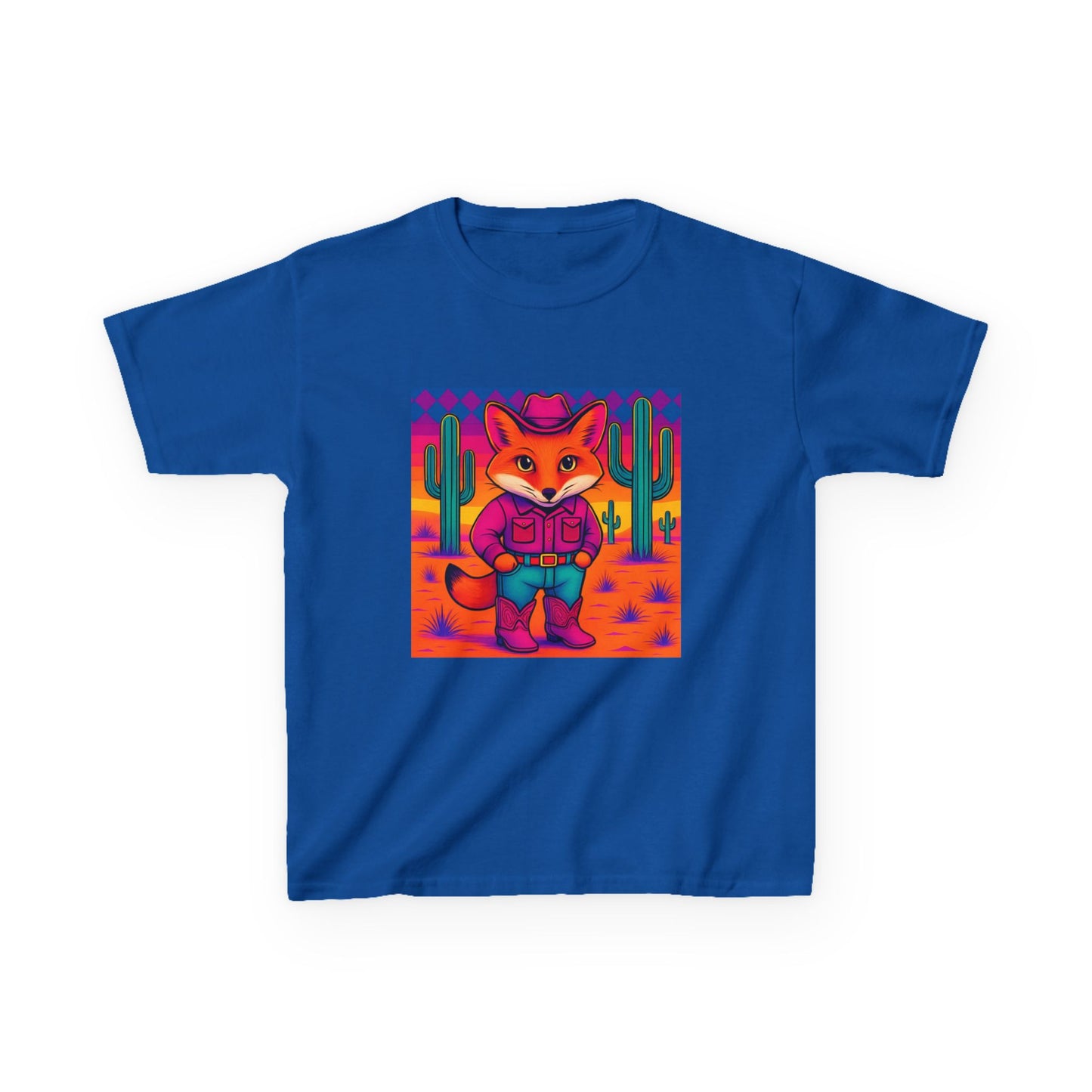 Cowboy Fox Kids T Shirt Cute Western Animal Shirt Unisex Youth Tee for Boys and Girls Neon Desert Y2K Style Kids Heavy Cotton™ Tee