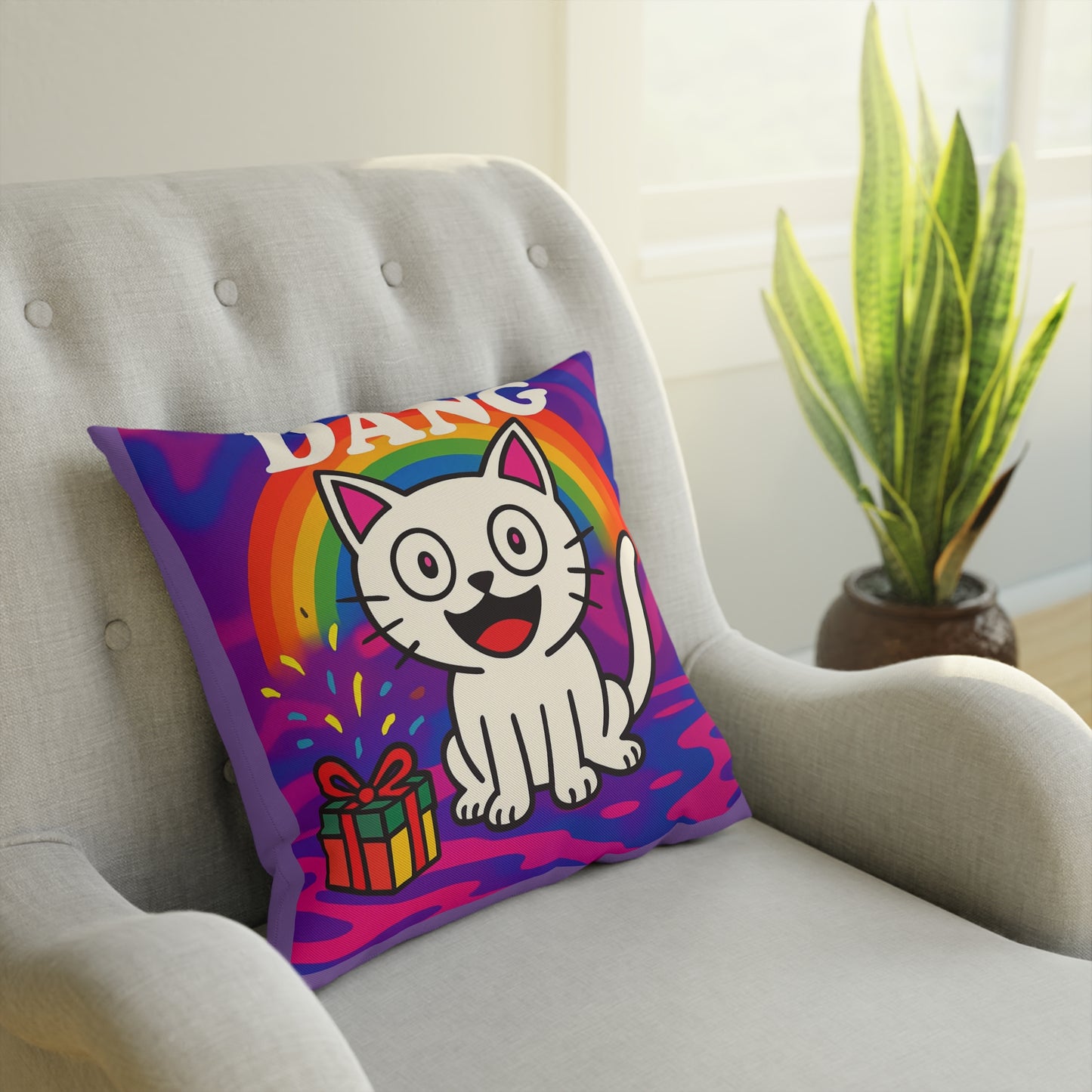 Cushion Pillow, Rainbow White Kitten Decorative Throw Pillow, Bed Cushion, Living Room Pillow, Nursery Decor, Couch Pillow