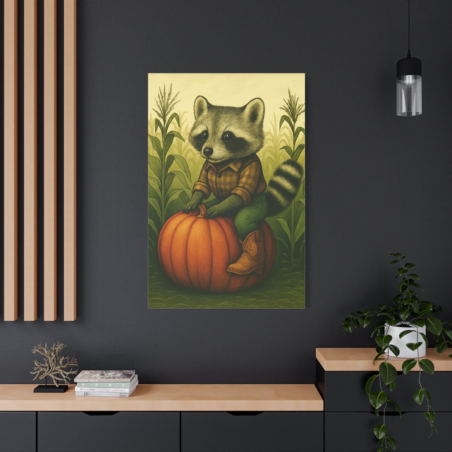 Matte Canvas Cowboy Harvest Raccoon on Pumpkin in Cornfield Green 8x10 - many sizes