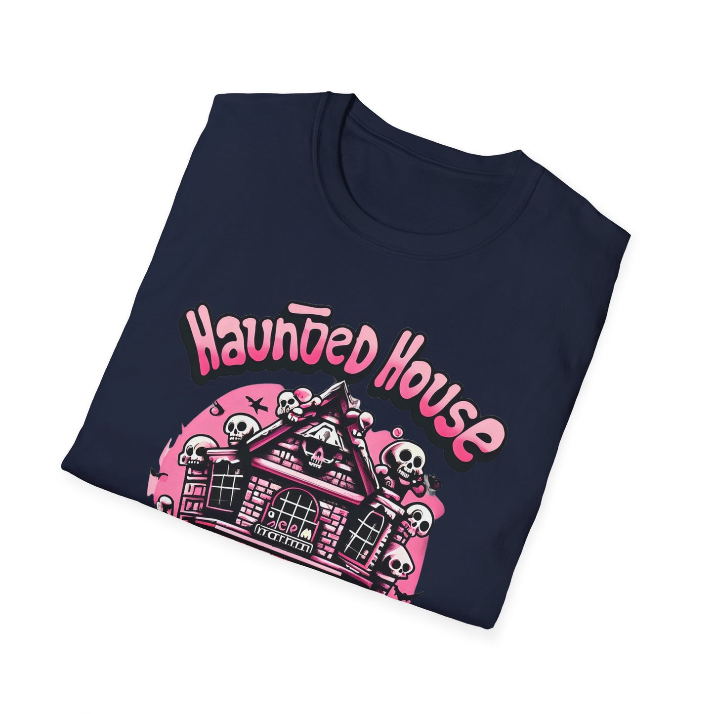 Haunted House Halloween T-Shirt Pink Spooky Gothic Unisex Softstyle T-Shirt Men Women Teen College Student Highschool