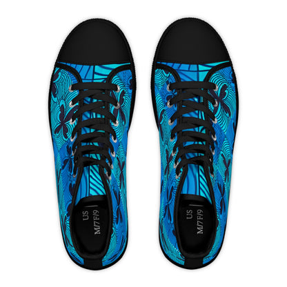 Blue Floral Wave Pattern Women's High Top Sneakers | Tropical Hibiscus Swim